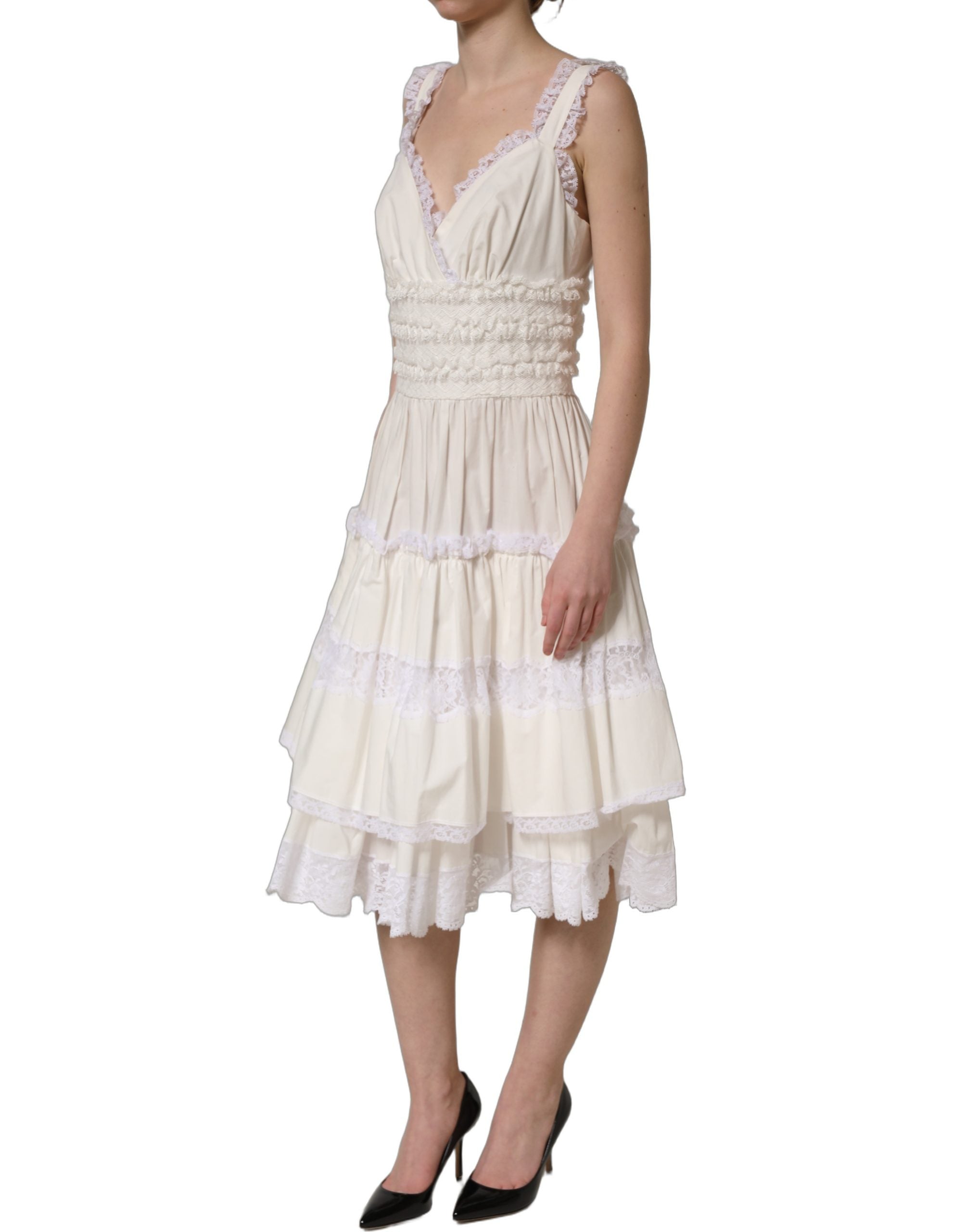 Dolce & Gabbana White Cotton Poplin Ruffled Midi Dress Dolce & Gabbana