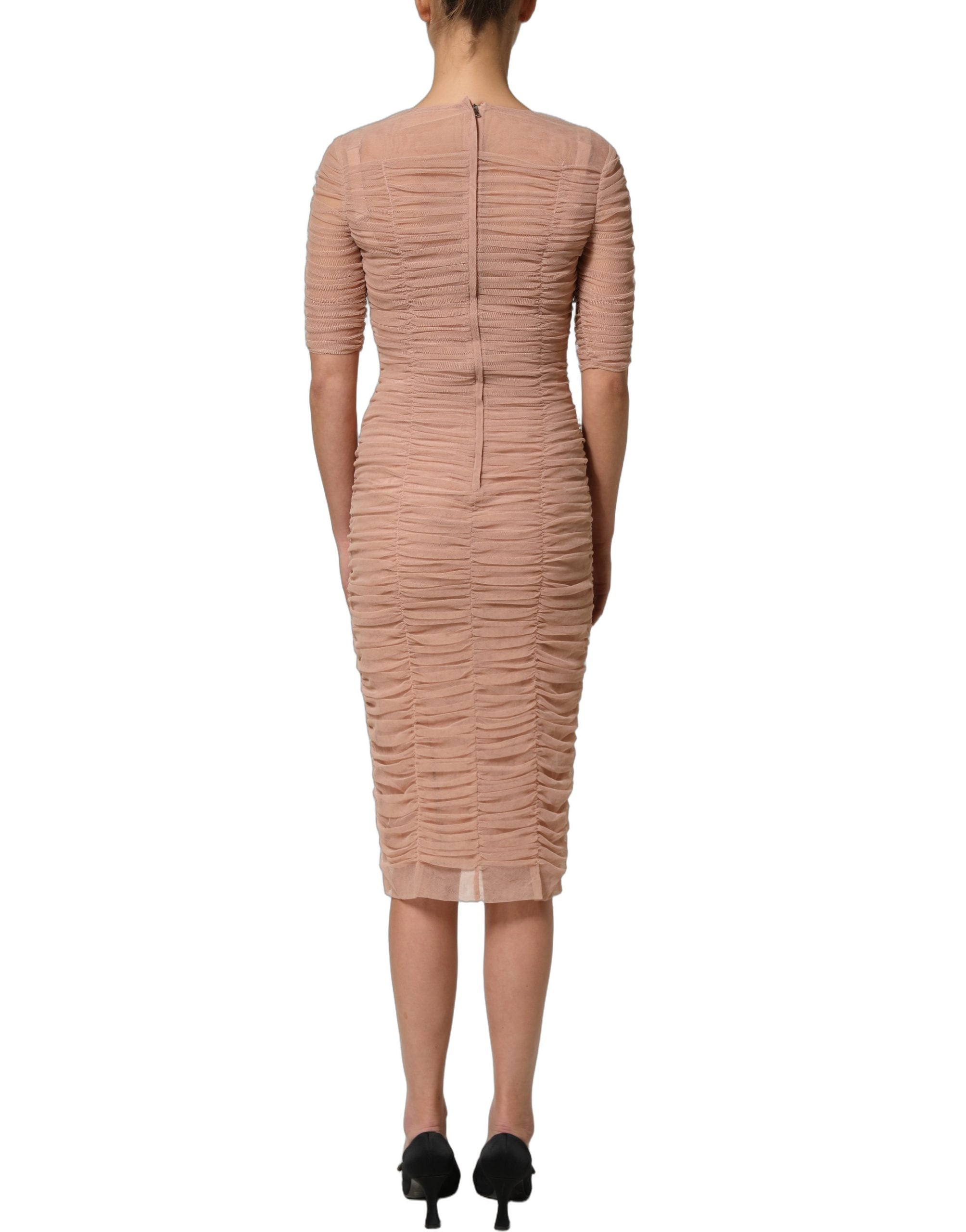 Dolce & Gabbana Beige Cotton Mesh Ruched Sheath Midi Dress Dolce & Gabbana