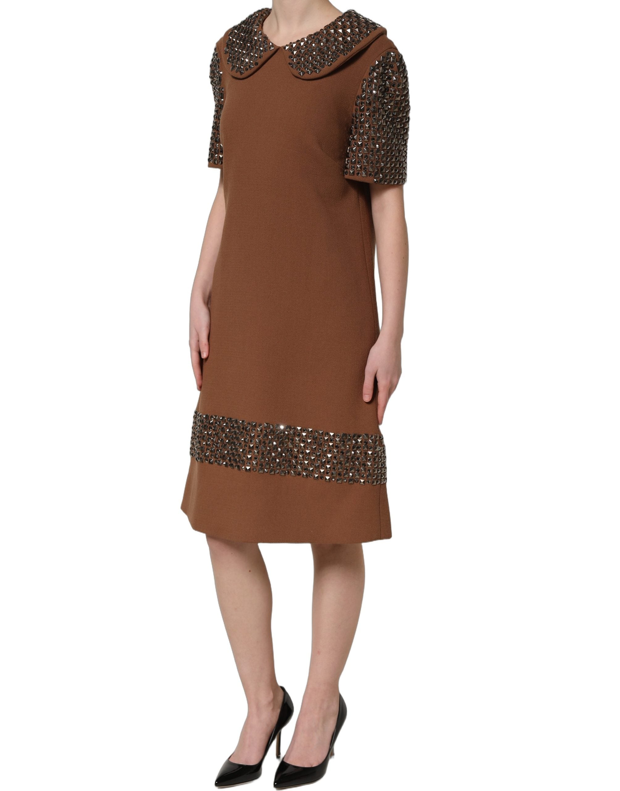 Dolce & Gabbana Brown Wool Rhinestone Embellished Midi Dress Dolce & Gabbana