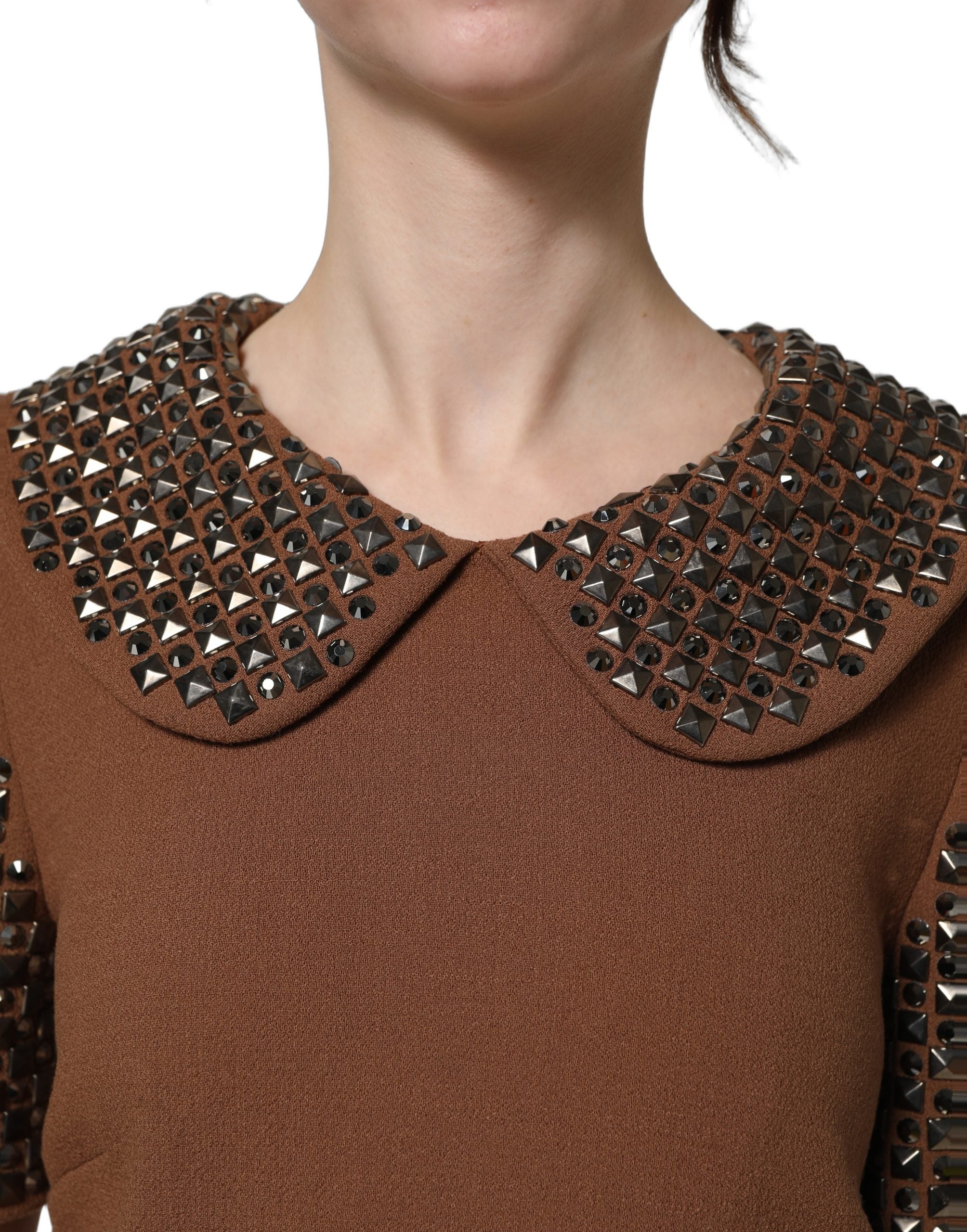Dolce & Gabbana Brown Wool Rhinestone Embellished Midi Dress Dolce & Gabbana