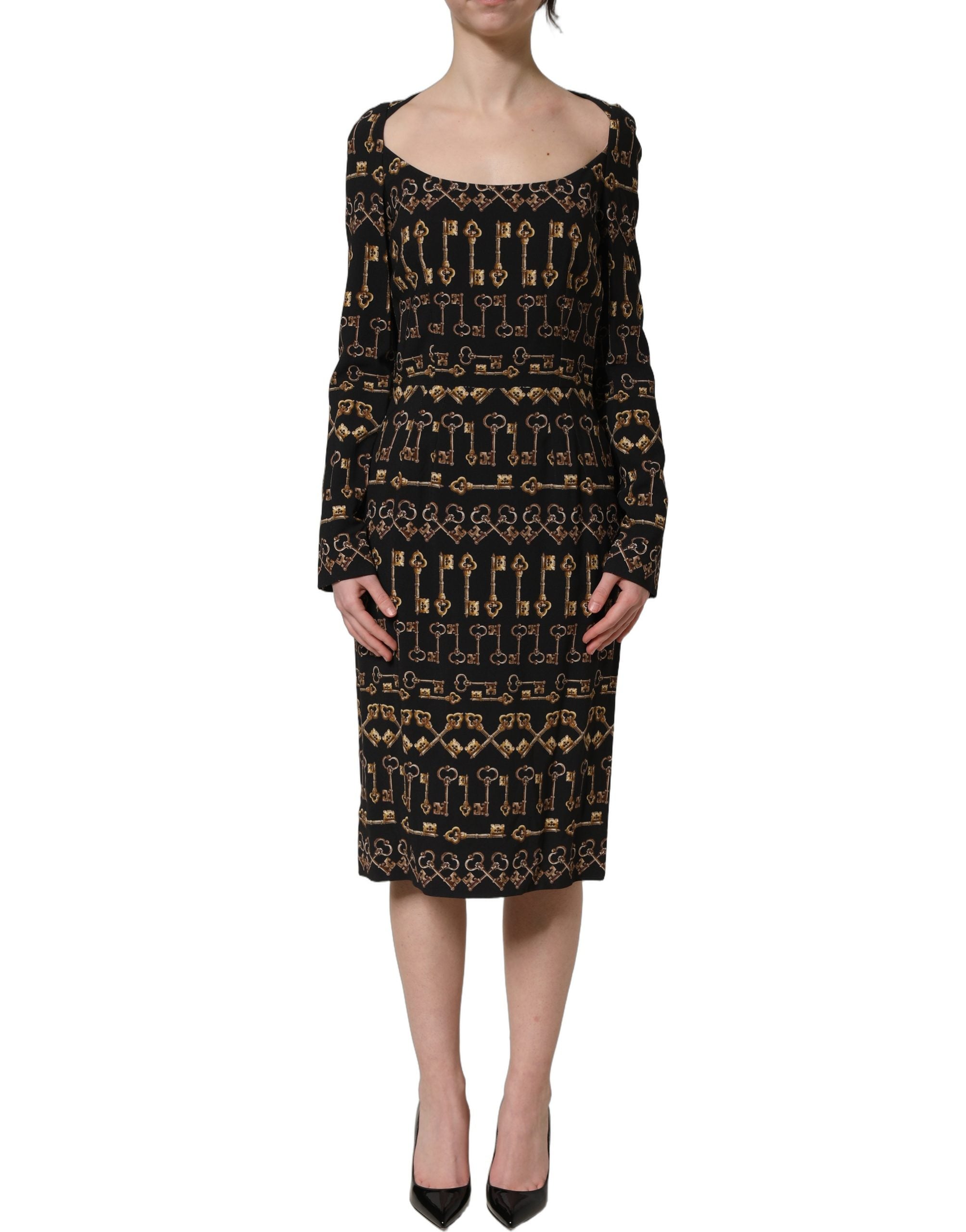 Dolce & Gabbana Black Key Print Long Sleeves Sheath Midi Dress Dolce & Gabbana