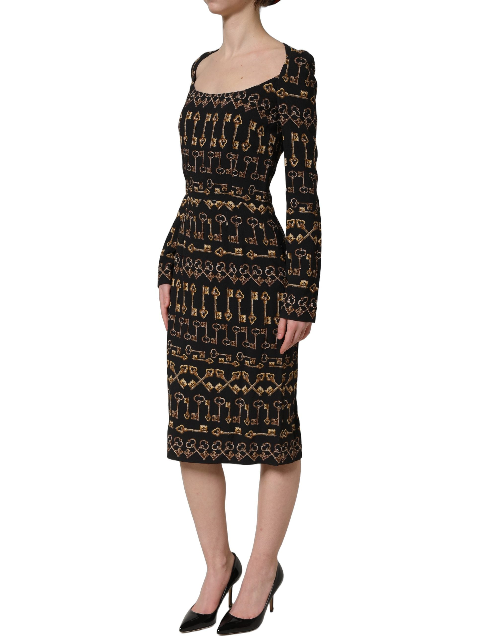 Dolce & Gabbana Black Key Print Long Sleeves Sheath Midi Dress Dolce & Gabbana