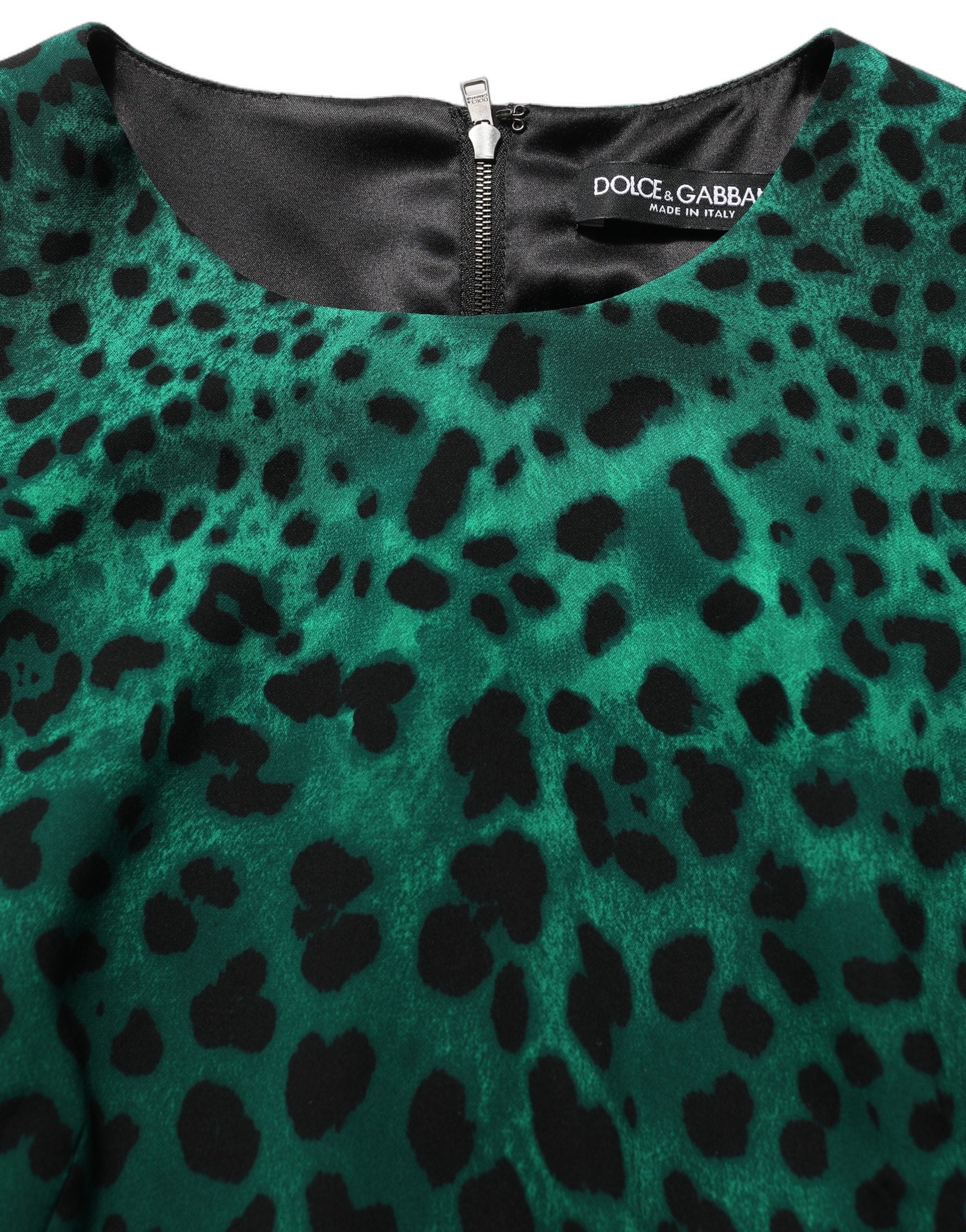 Dolce & Gabbana Green Leopard Print Silk Knee Length Dress Dolce & Gabbana