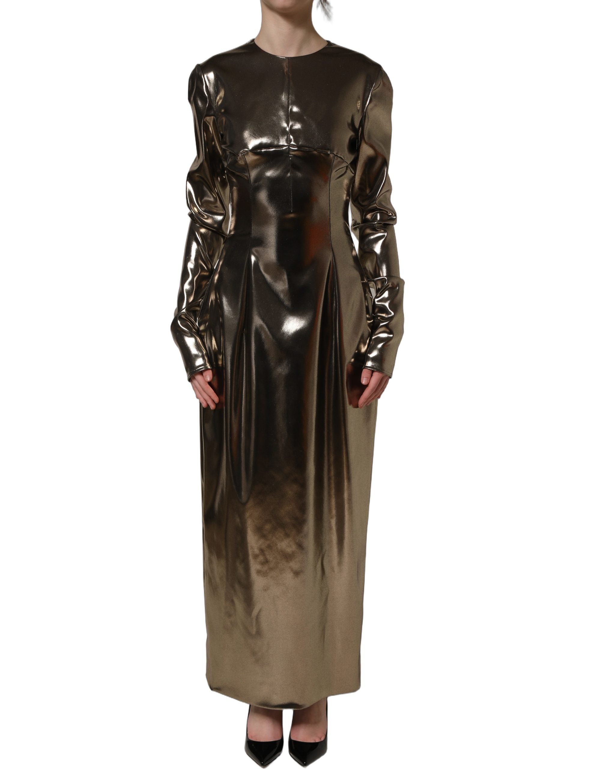 Dolce & Gabbana Metallic Gold Polyester LongSleeve Maxi Dress Dolce & Gabbana