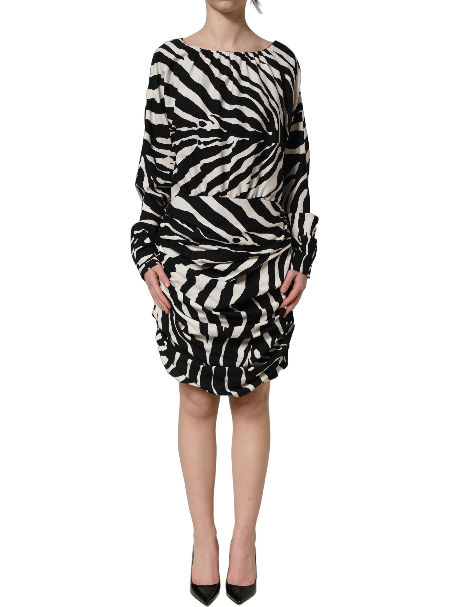 Dolce & Gabbana Black White Zebra Ruched Silk Mini Dress Dolce & Gabbana