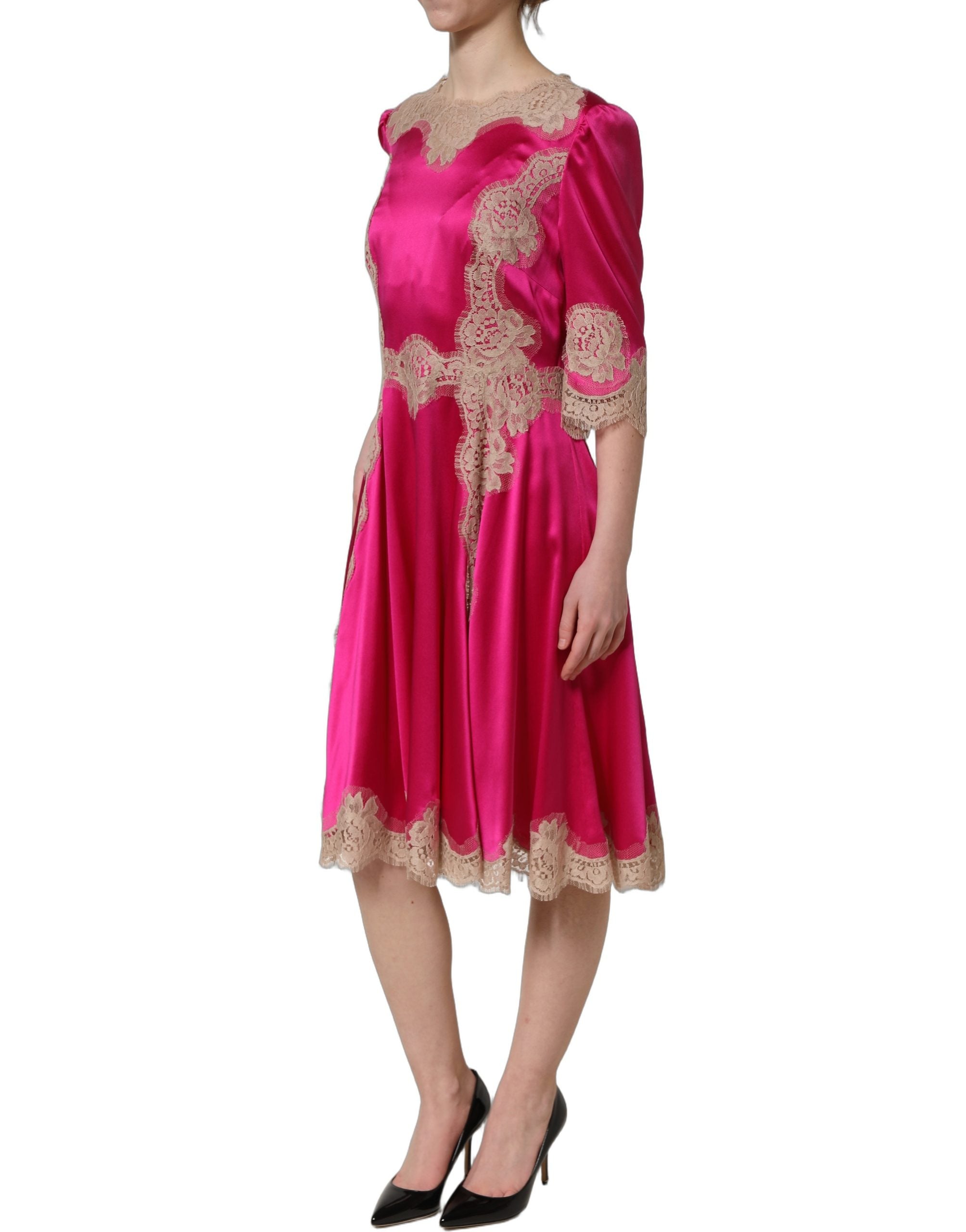 Dolce & Gabbana Fuchsia Pink Lace Detail A-line Midi Dress Dolce & Gabbana