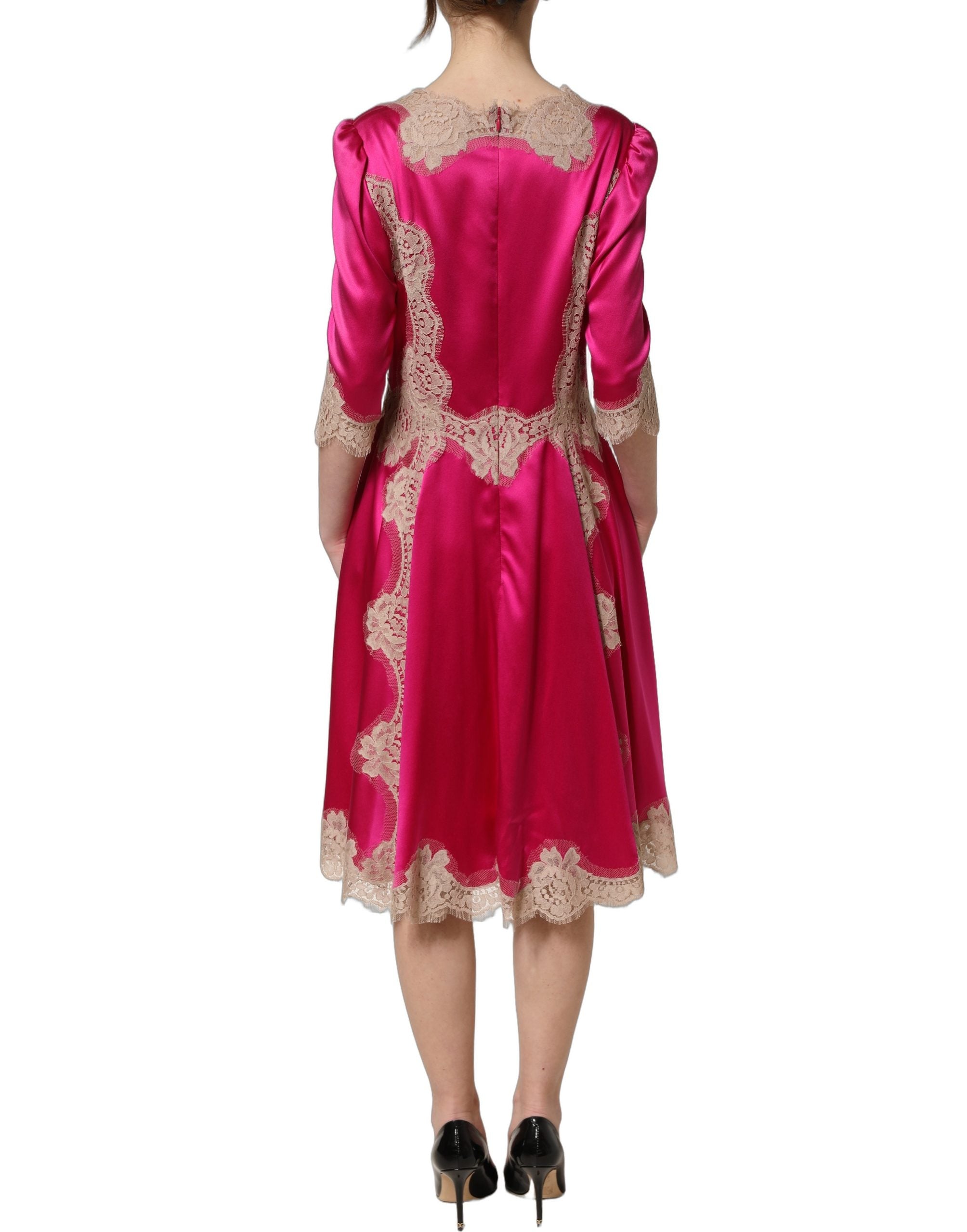 Dolce & Gabbana Fuchsia Pink Lace Detail A-line Midi Dress Dolce & Gabbana