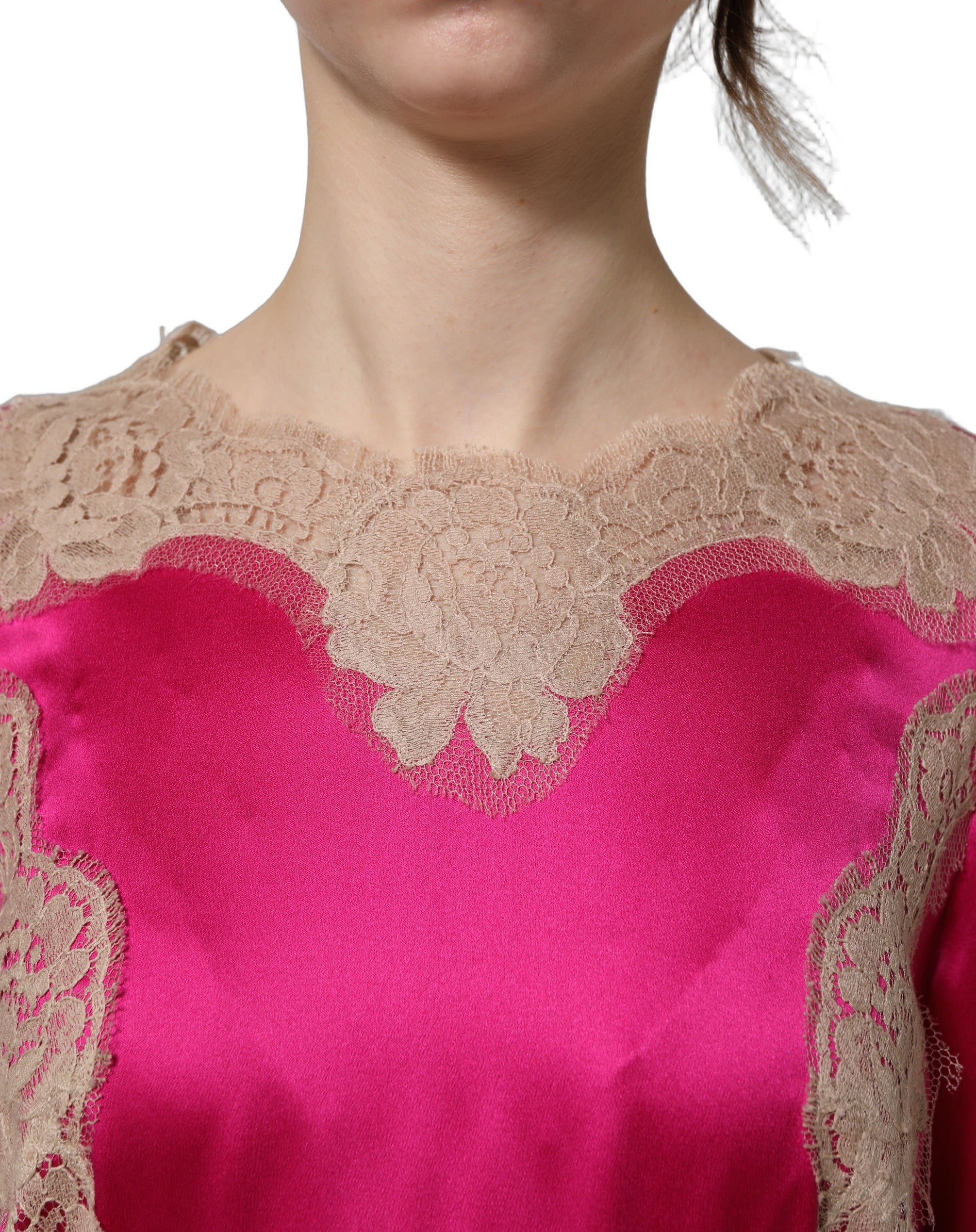 Dolce & Gabbana Fuchsia Pink Lace Detail A-line Midi Dress Dolce & Gabbana