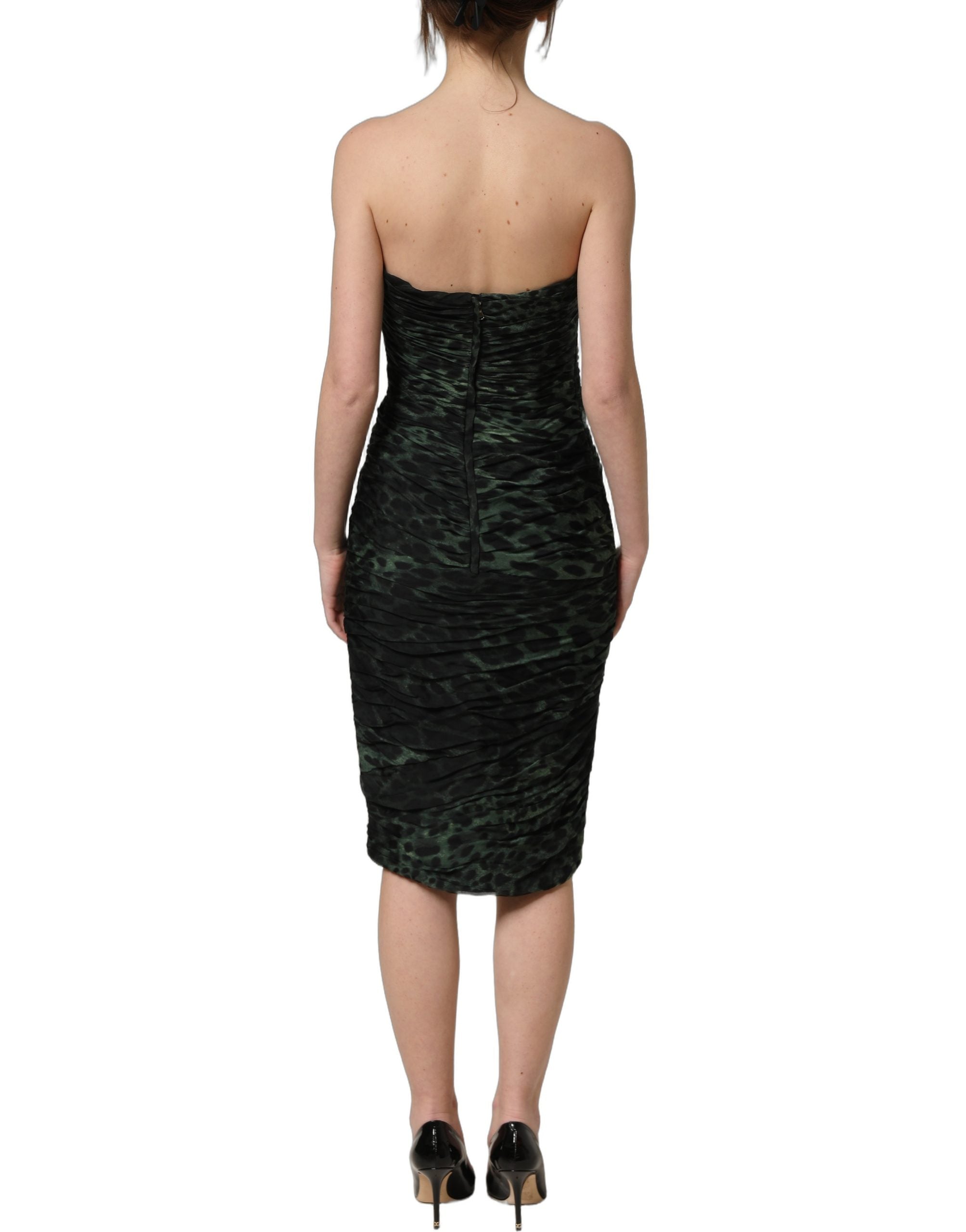 Dolce & Gabbana Green Leopard Print Bustier Draped Midi Dress Dolce & Gabbana