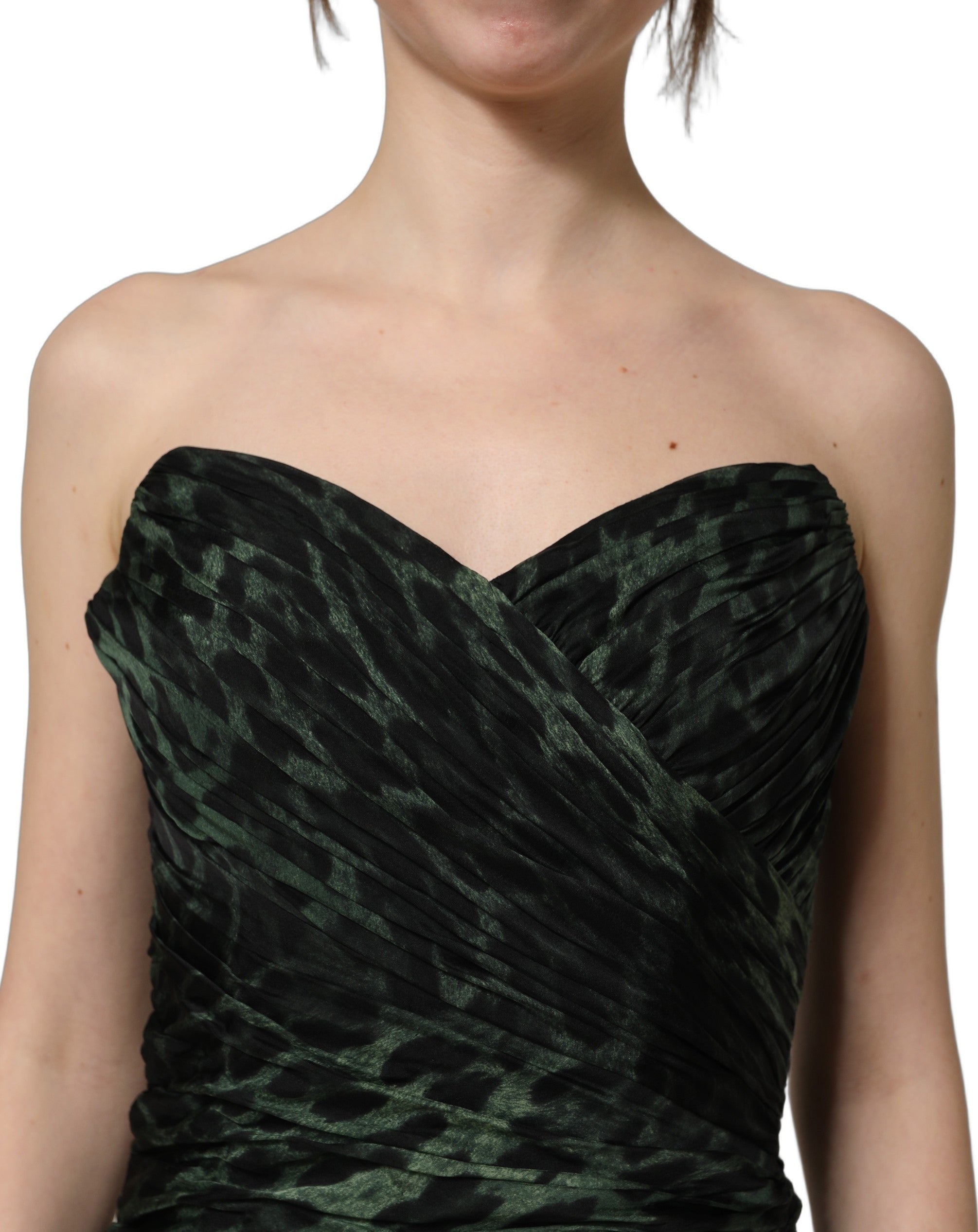 Dolce & Gabbana Green Leopard Print Bustier Draped Midi Dress Dolce & Gabbana