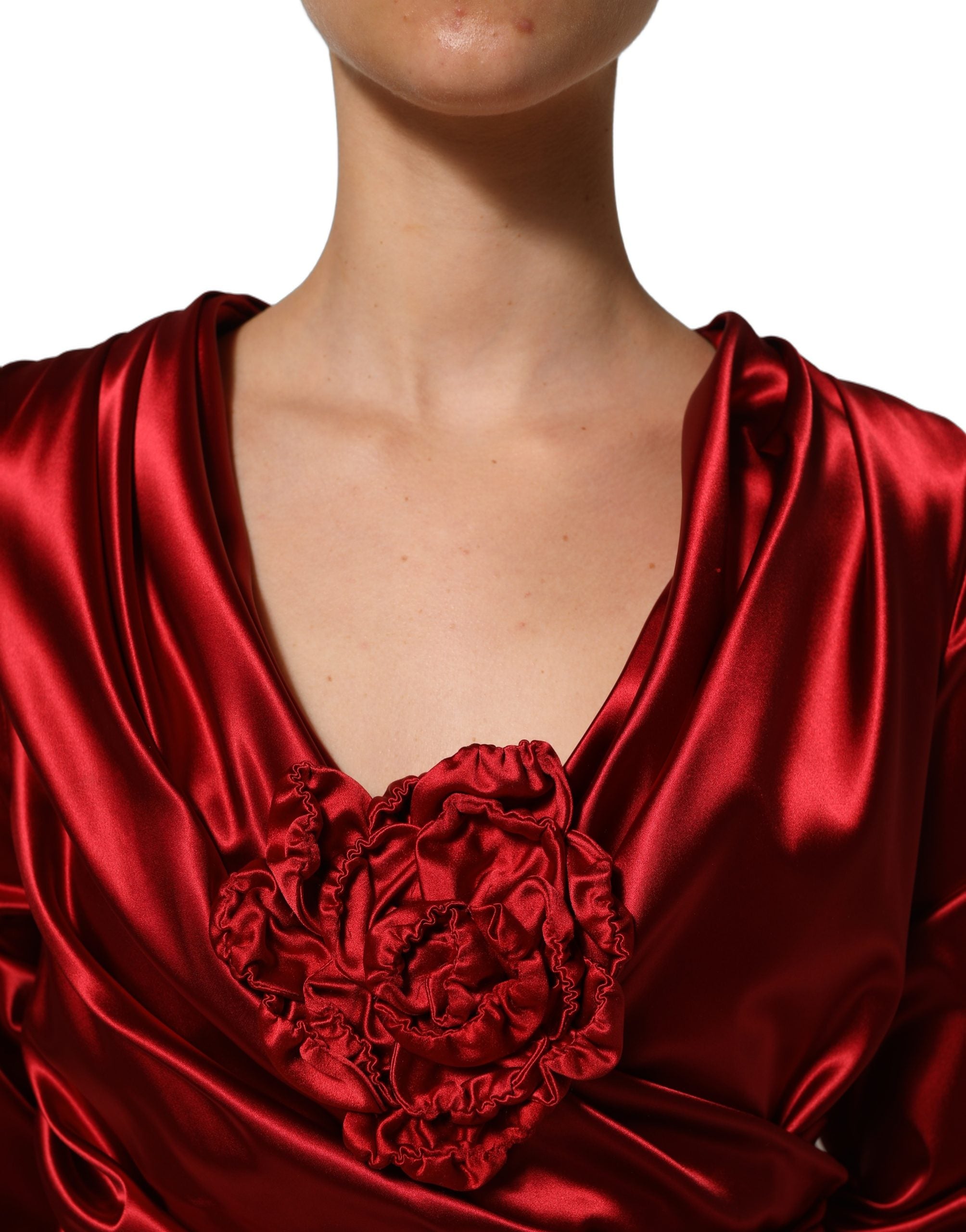 Dolce & Gabbana Red Silk Satin Draped Midi Floral Applique Dress Dolce & Gabbana