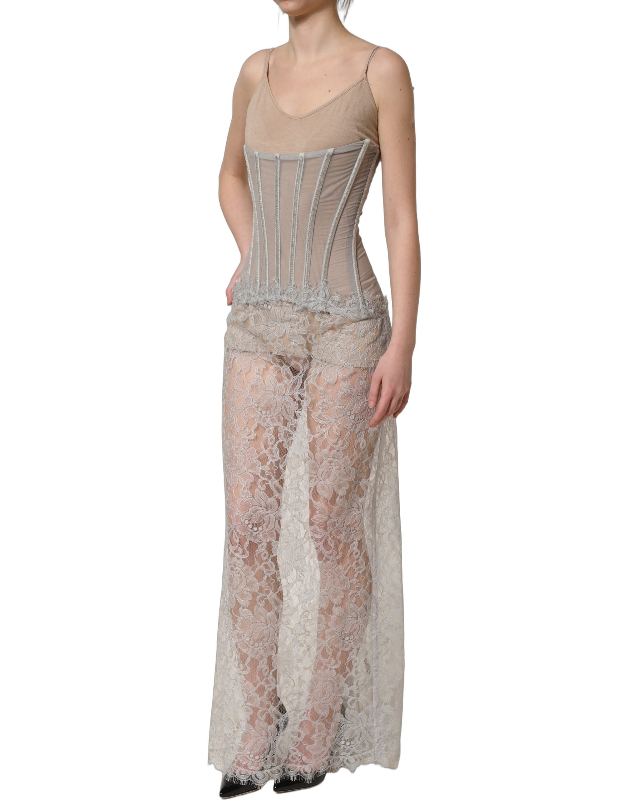Dolce & Gabbana Gray Lace Corset Style Bodice Maxi Dress Dolce & Gabbana