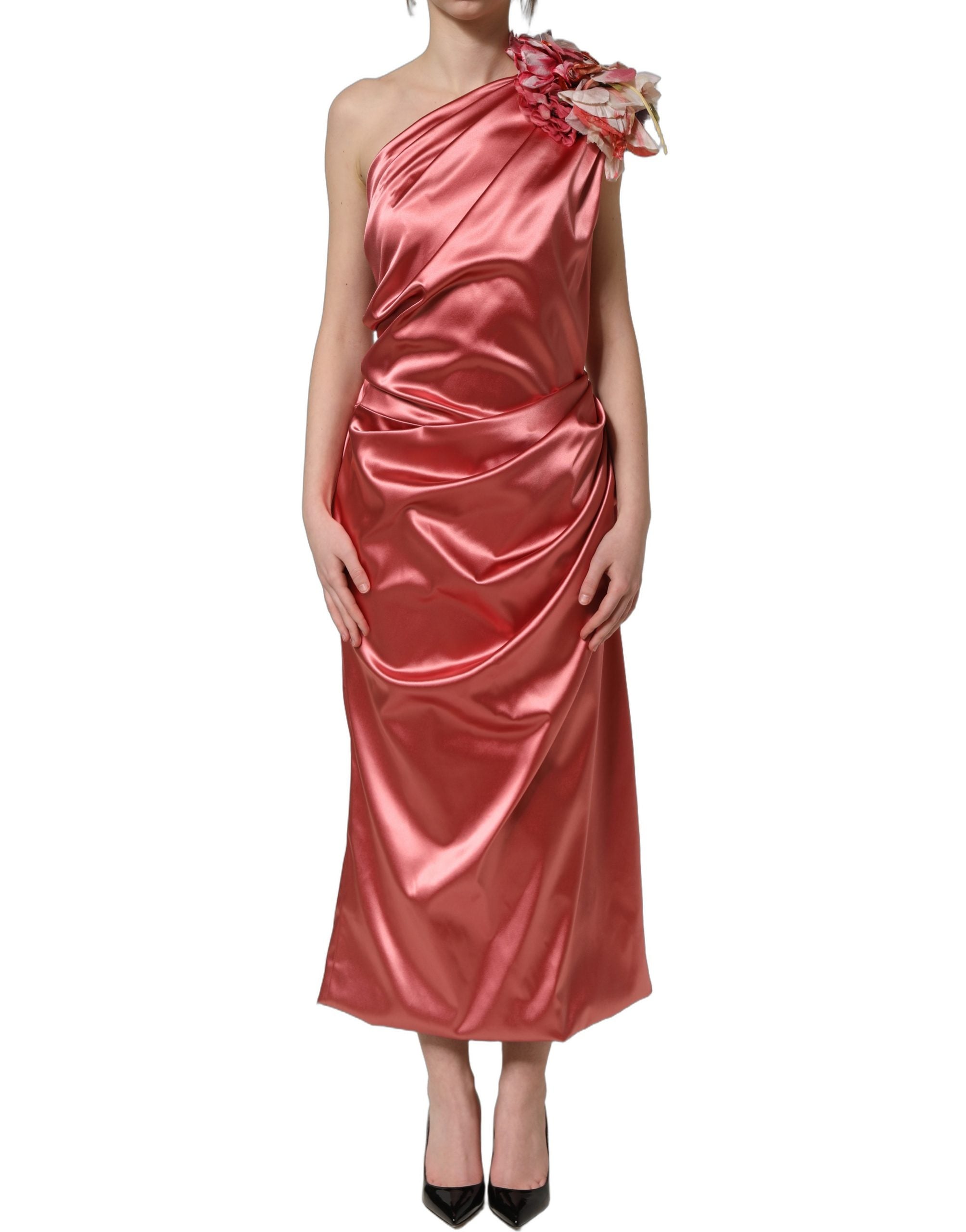 Dolce & Gabbana Pink Draped Midi Flower Appliques Dress Dolce & Gabbana