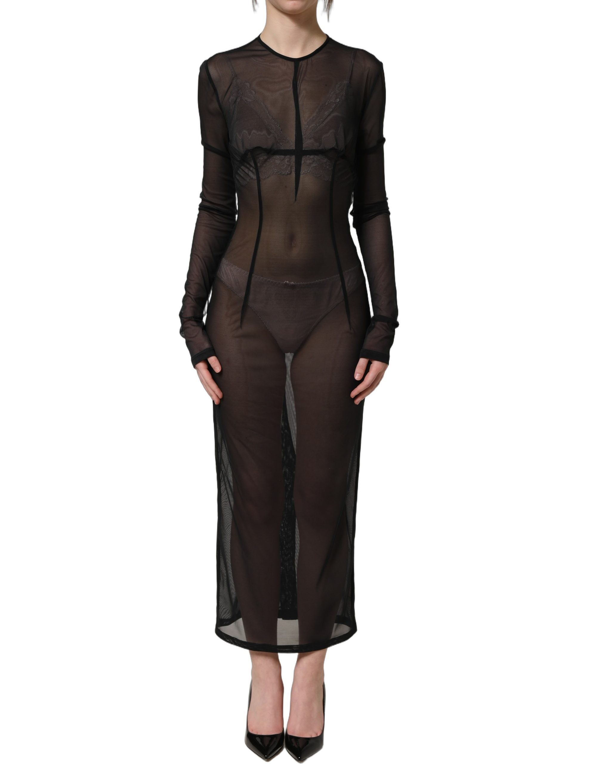 Dolce & Gabbana Black Long Sleeve Sheer Fitted Maxi Dress Dolce & Gabbana