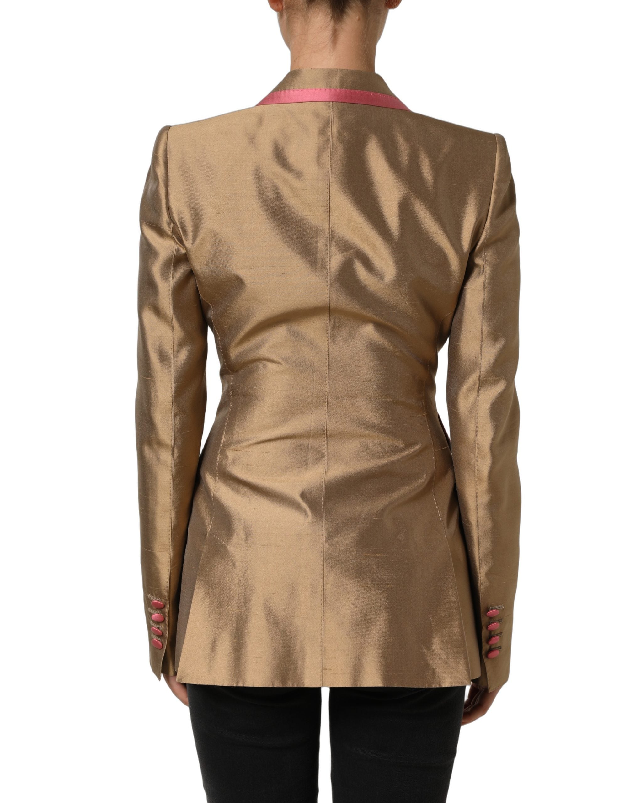 Dolce & Gabbana Gold Silk Double Breasted Coat Blazer Jacket Dolce & Gabbana