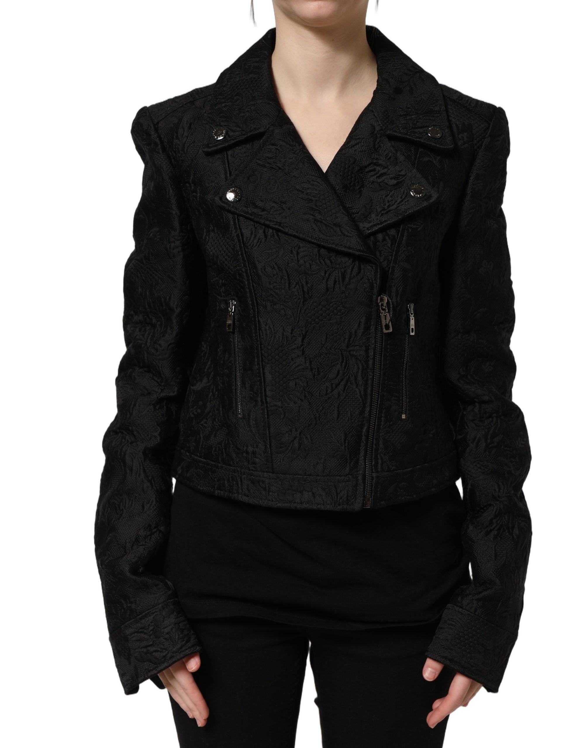 Dolce & Gabbana Black Floral Brocade Biker Blouson Jacket Dolce & Gabbana