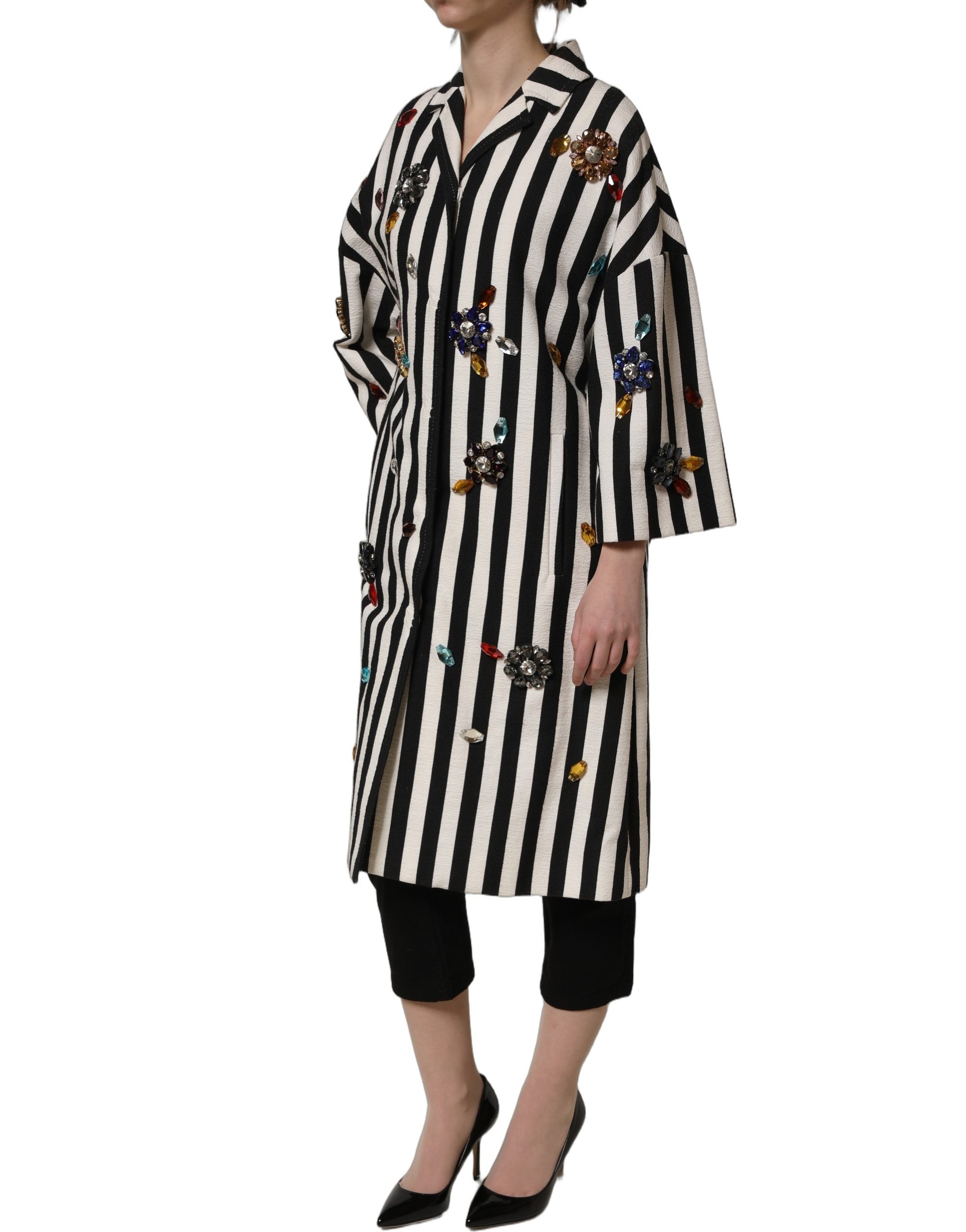 Dolce & Gabbana Black White Striped Embellished Coat Jacket Dolce & Gabbana