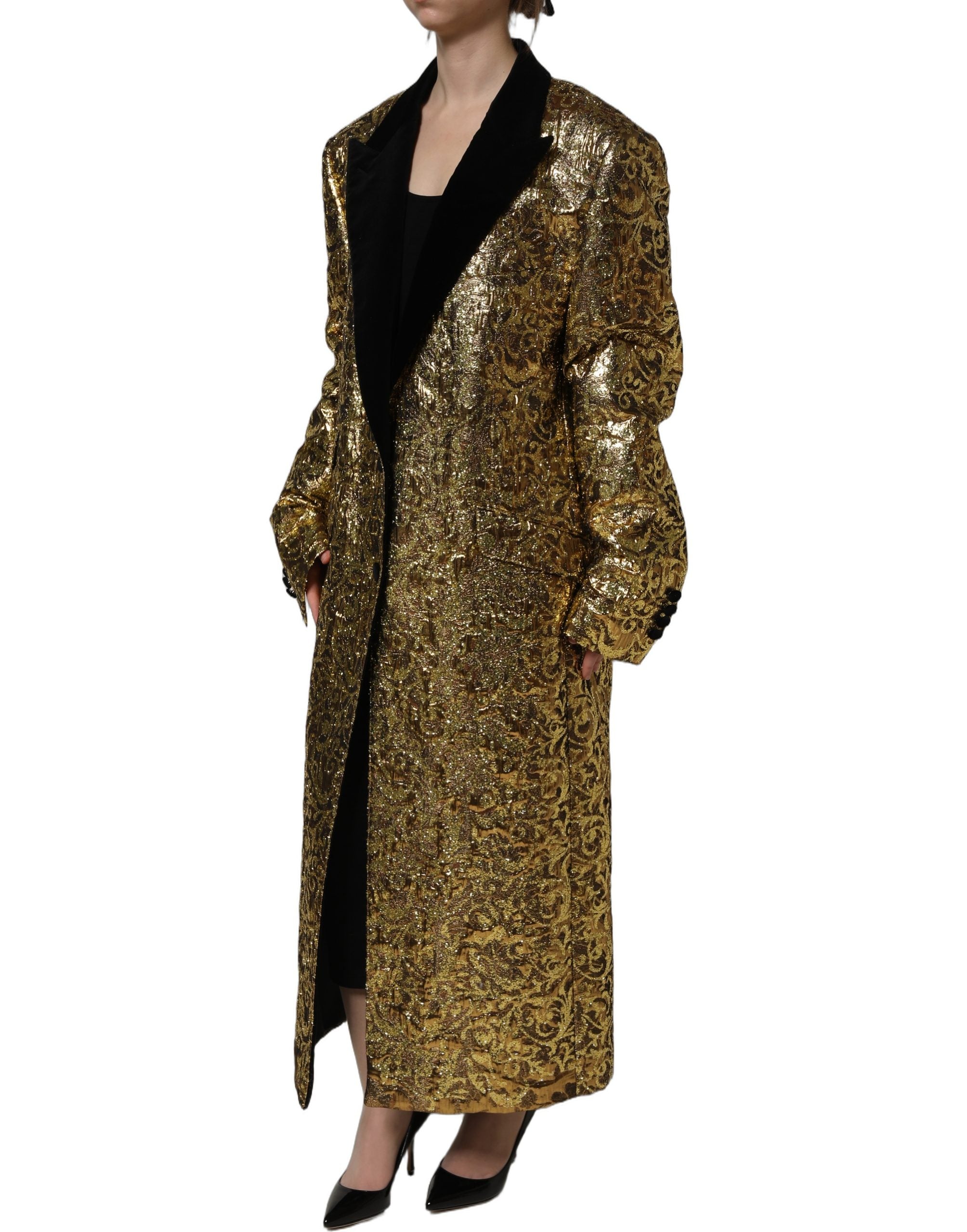 Dolce & Gabbana Gold Floral Jacquard Wool Trench Coat Jacket Dolce & Gabbana