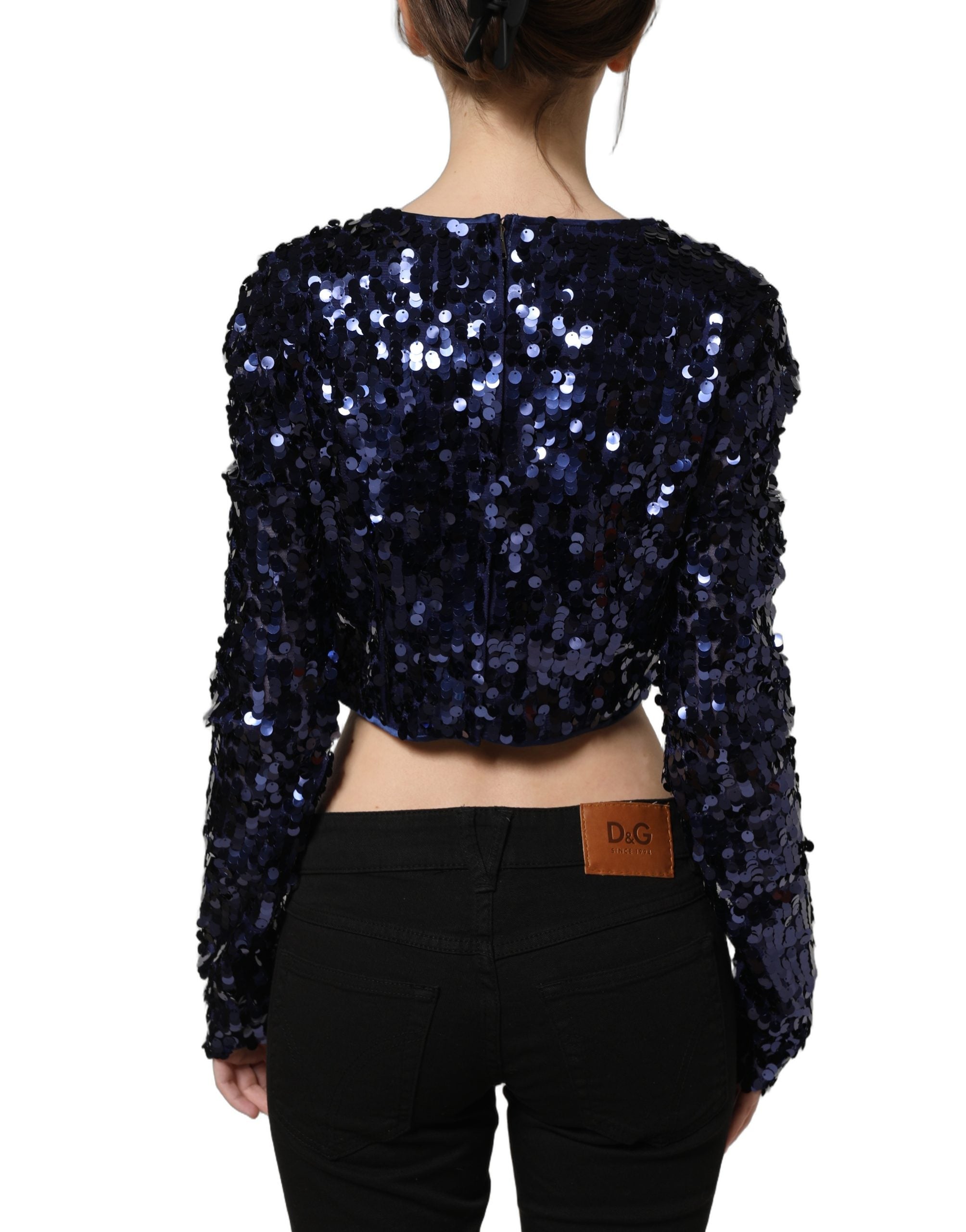 Dolce & Gabbana Blue Sequined Long Sleeves Crop Blouse Top Dolce & Gabbana