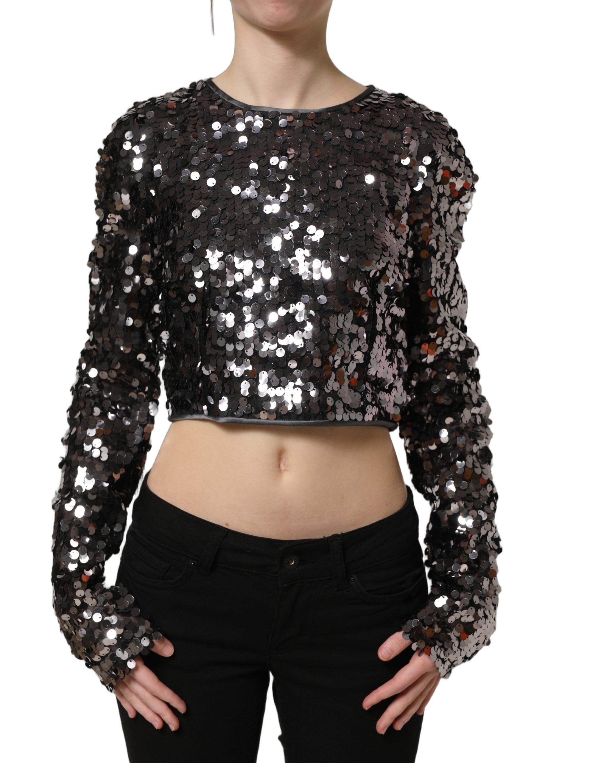Dolce & Gabbana Black Sequined Long Sleeves Crop Blouse Top Dolce & Gabbana