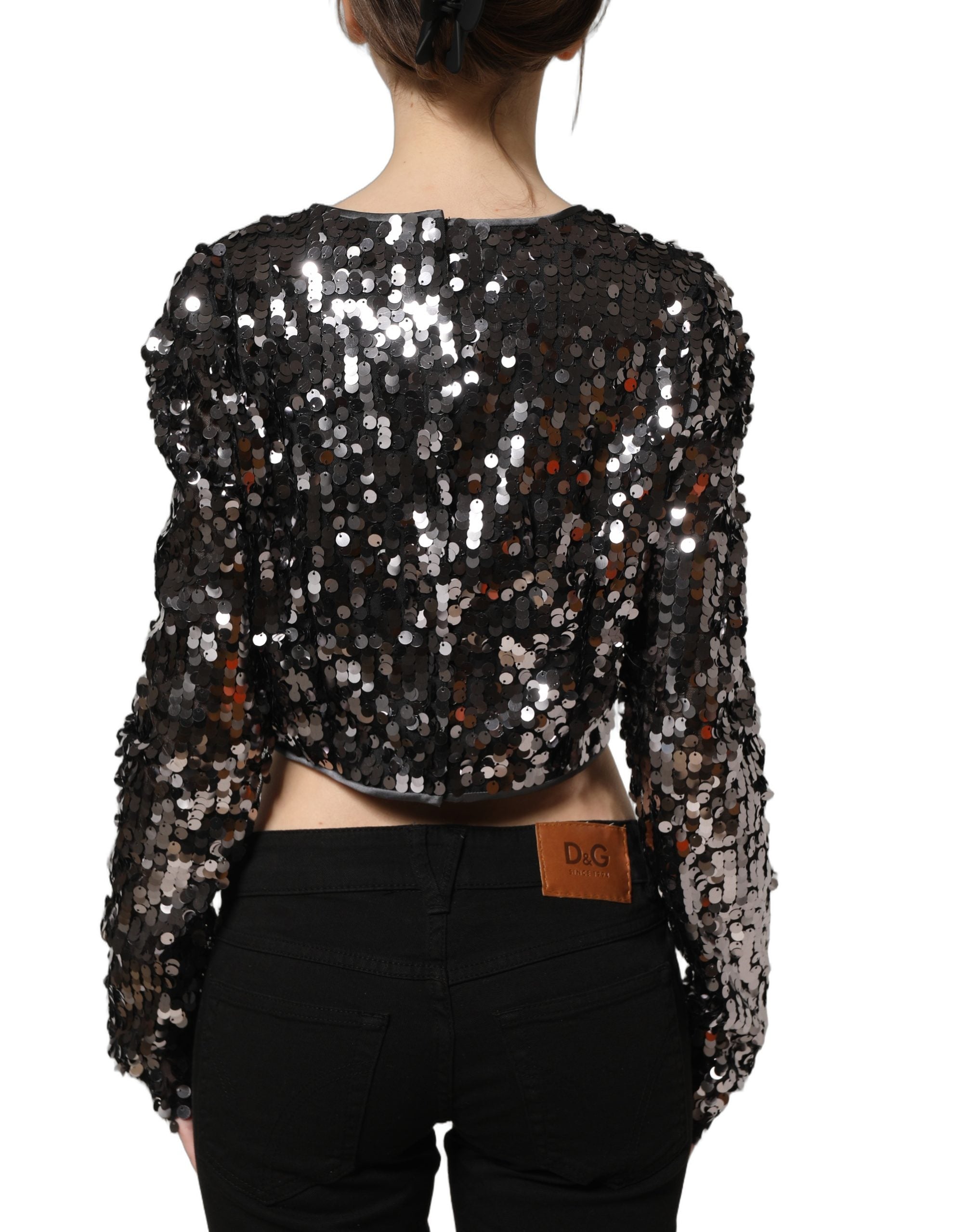 Dolce & Gabbana Black Sequined Long Sleeves Crop Blouse Top Dolce & Gabbana