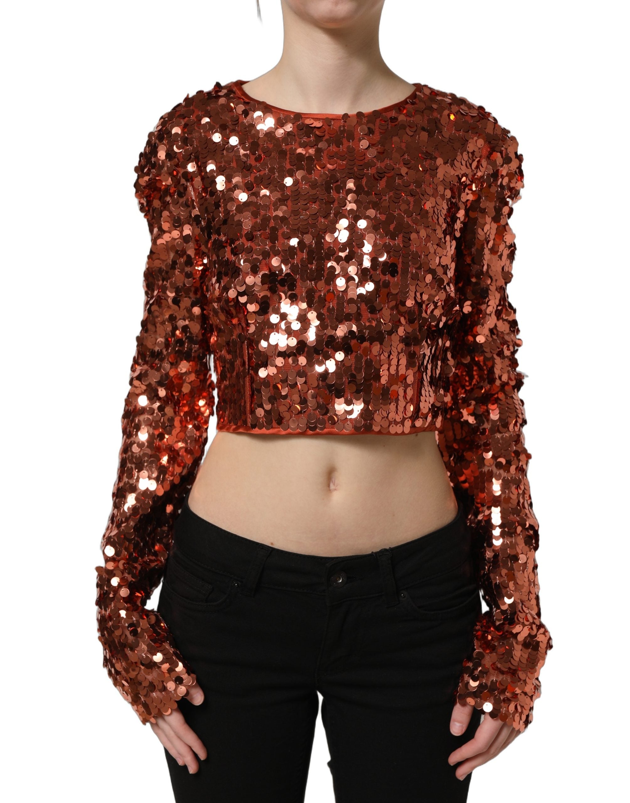 Dolce & Gabbana Red Sequined Long Sleeves Crop Blouse Top Dolce & Gabbana