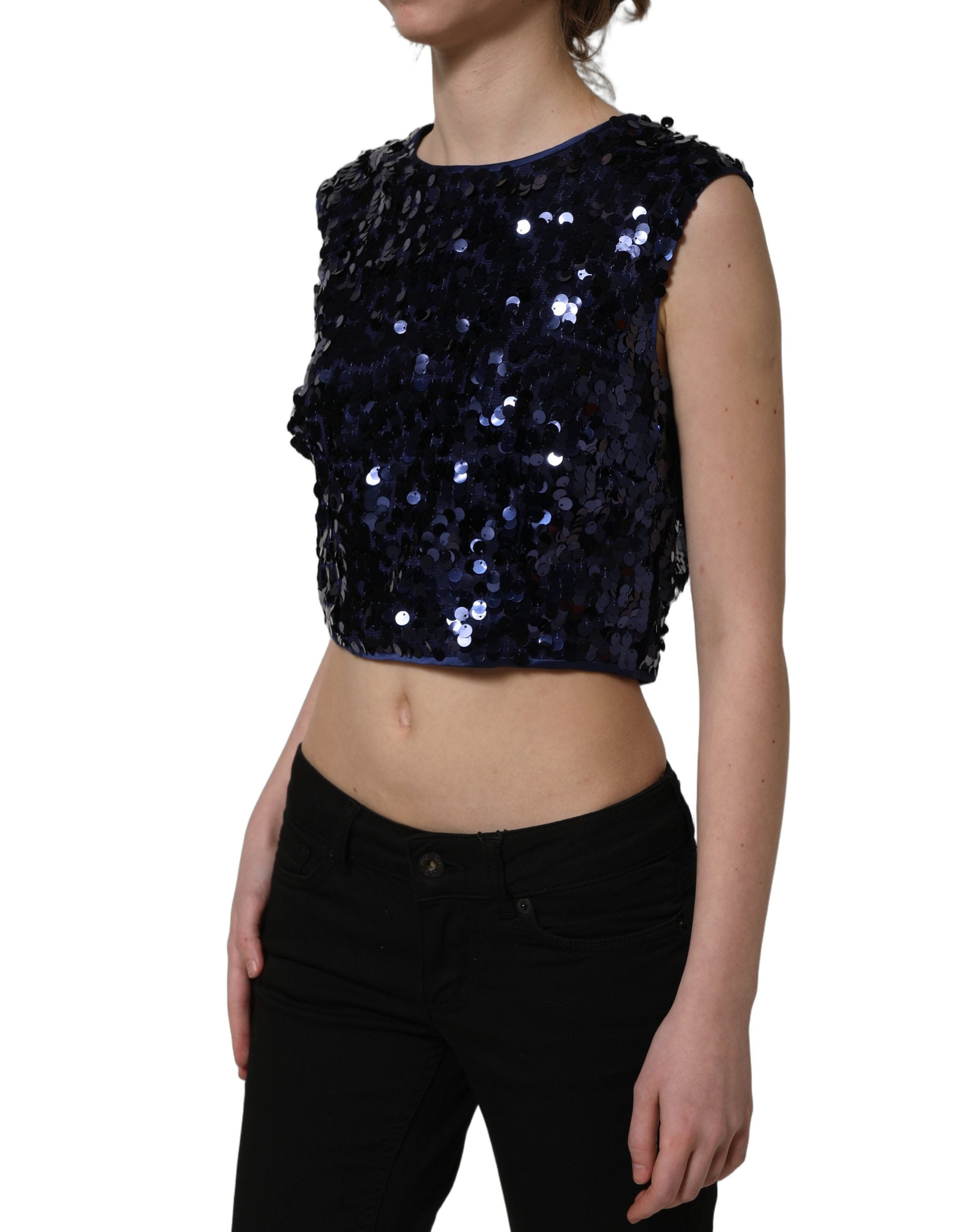 Dolce & Gabbana Blue Sequined Sleeveless Cropped Tank Top Dolce & Gabbana