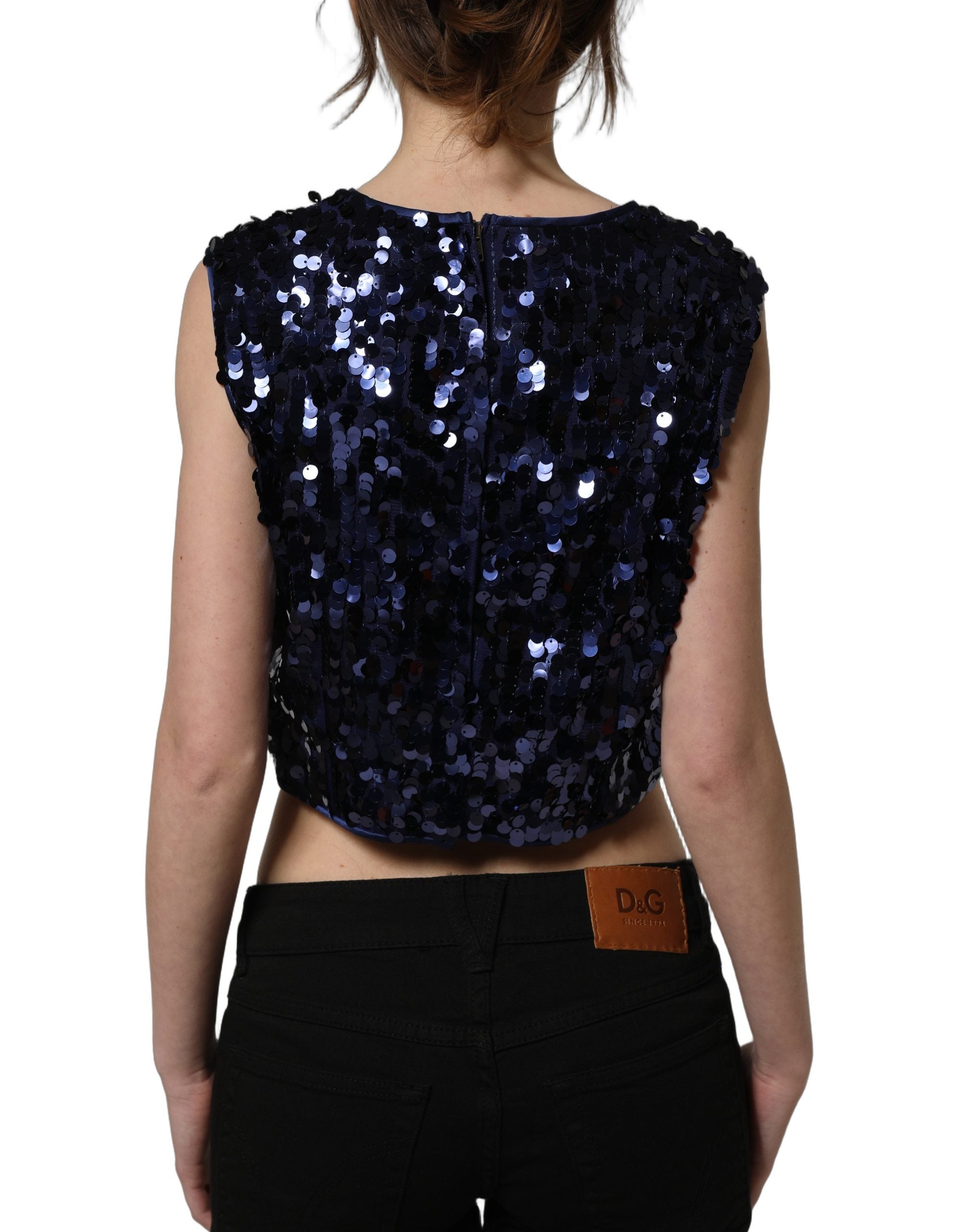 Dolce & Gabbana Blue Sequined Sleeveless Cropped Tank Top Dolce & Gabbana