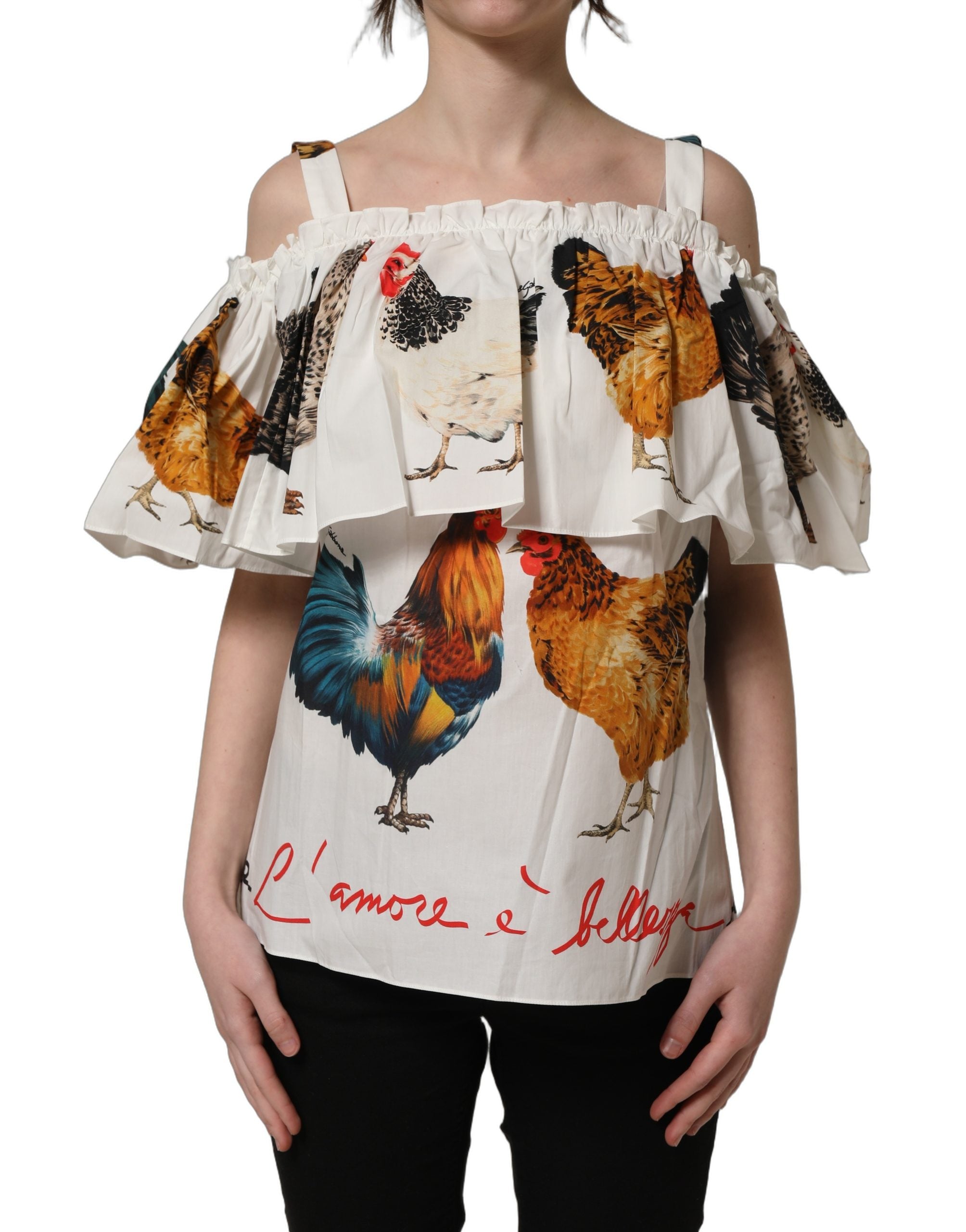 Dolce & Gabbana White Rooster Print Poplin Off The Shoulder Top Dolce & Gabbana