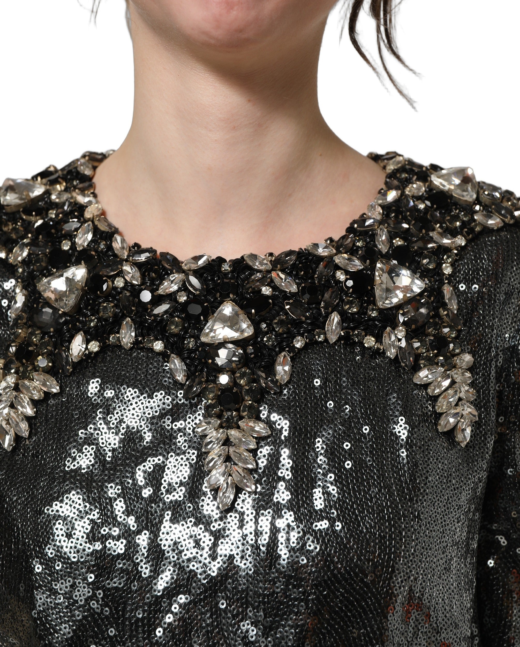 Dolce & Gabbana Metallic Gray Sequin Embellished Blouse Top Dolce & Gabbana