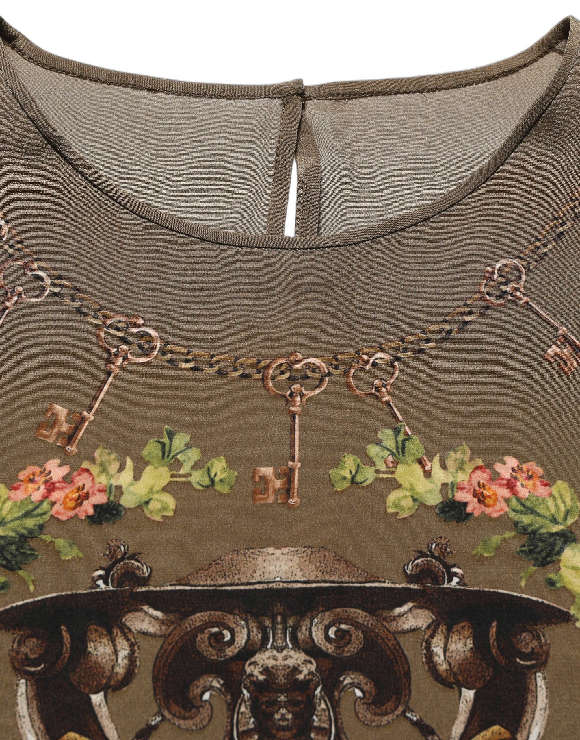 Dolce & Gabbana Brown Keys Roses Printed Silk Blouse Top Dolce & Gabbana