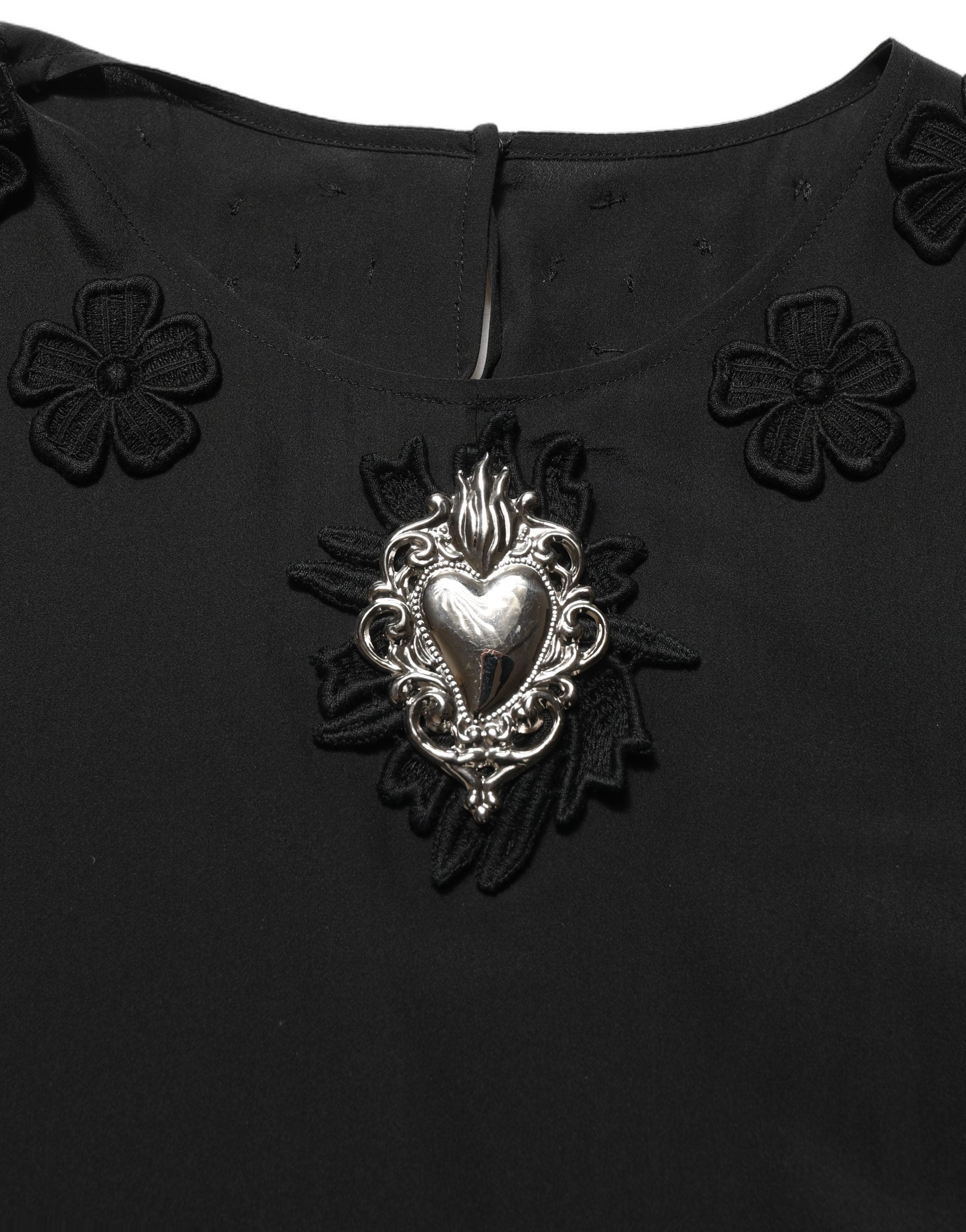 Dolce & Gabbana Black Floral Silk Heart Appliqué Blouse Top Dolce & Gabbana