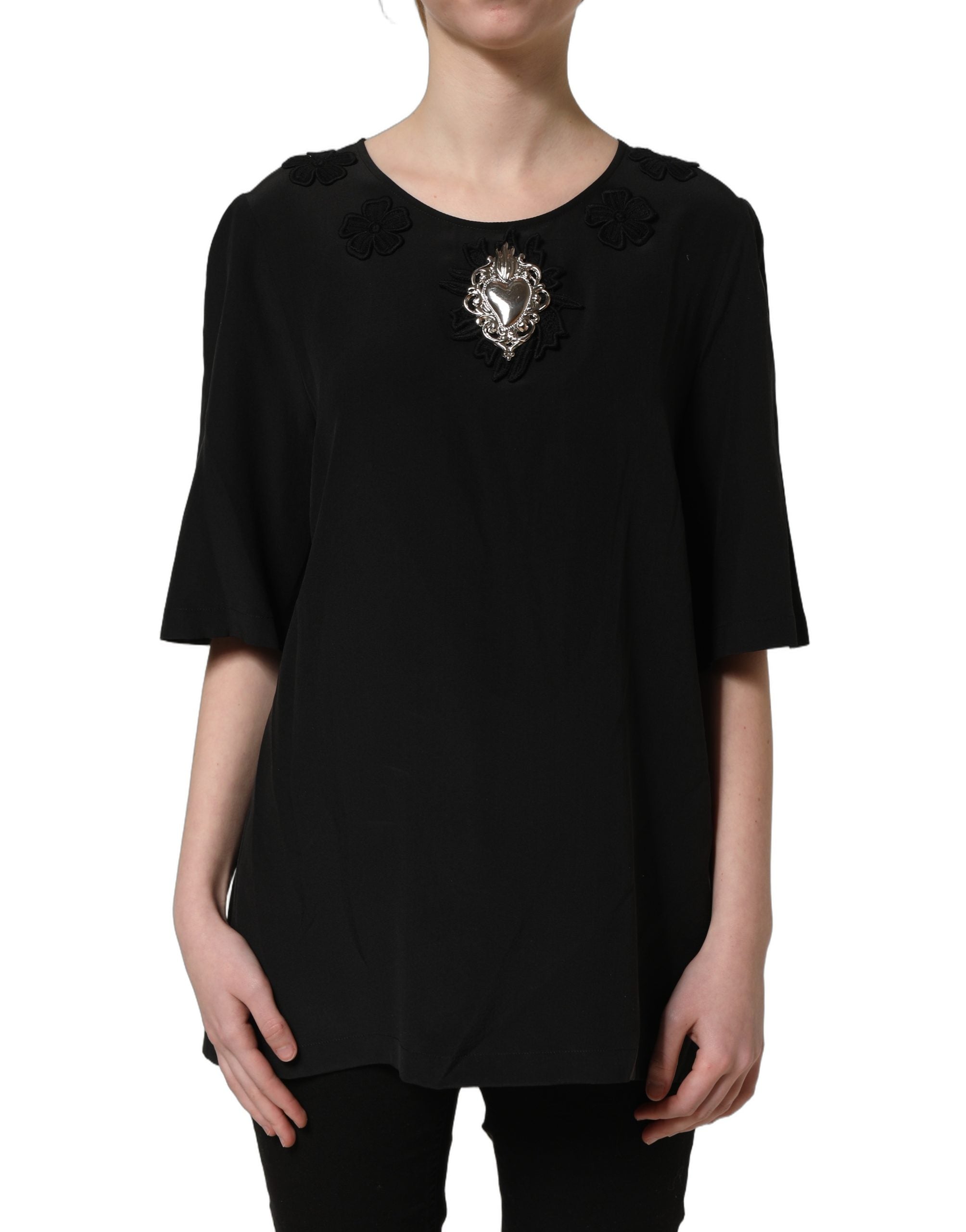 Dolce & Gabbana Black Floral Silk Heart Appliqué Blouse Top Dolce & Gabbana