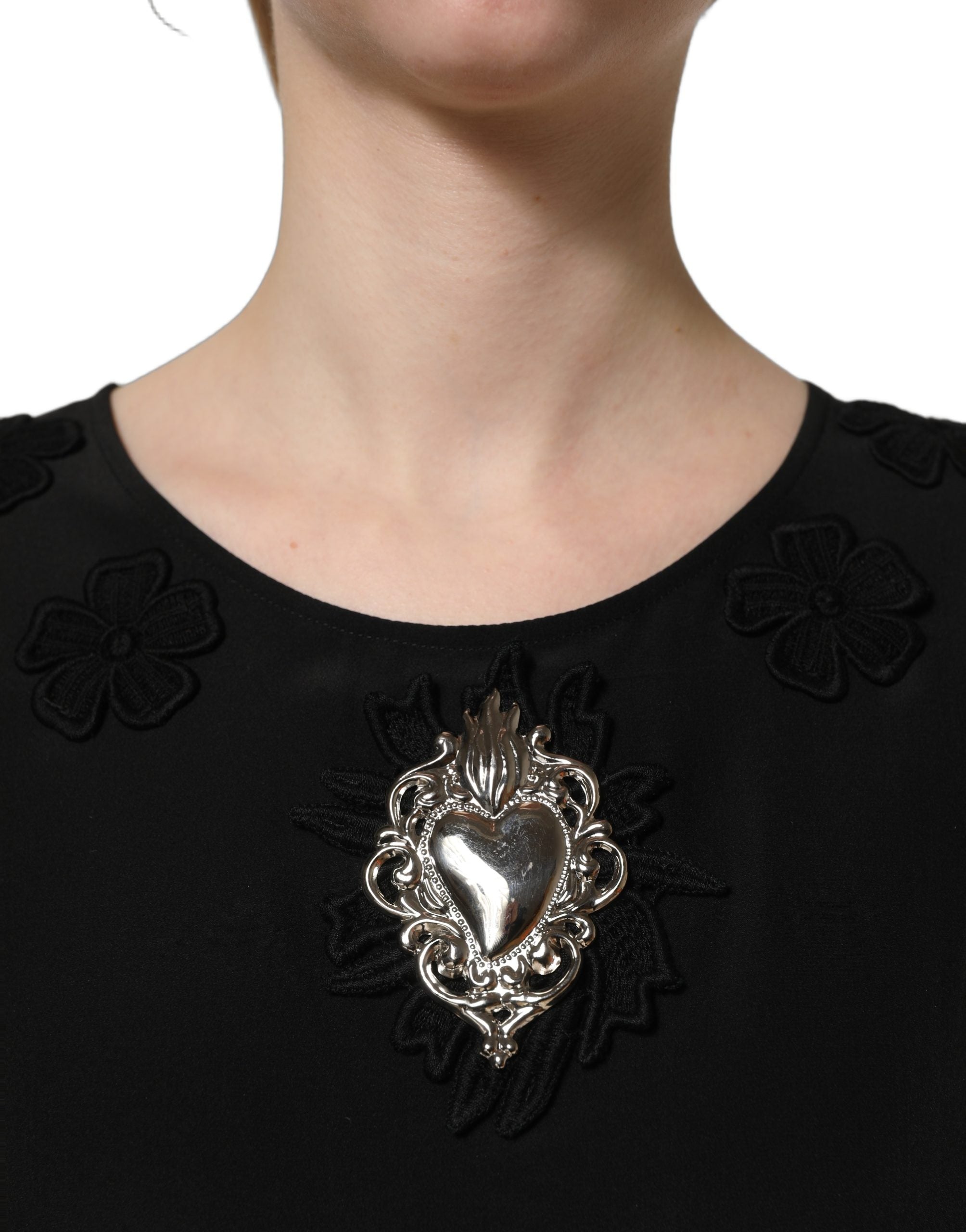 Dolce & Gabbana Black Floral Silk Heart Appliqué Blouse Top Dolce & Gabbana