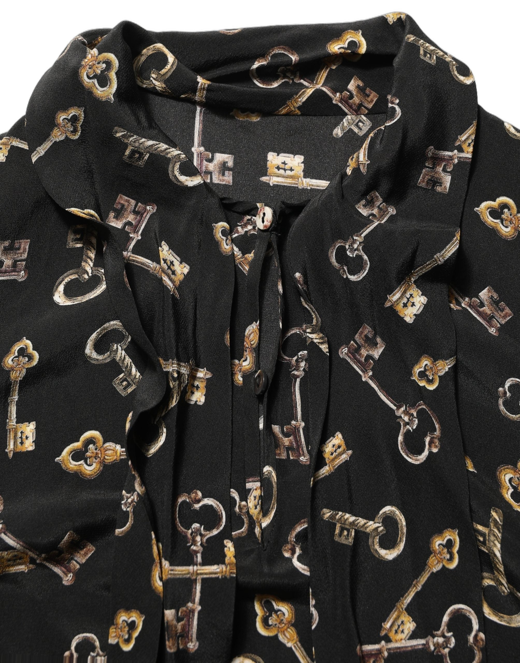 Dolce & Gabbana Black Keys Print Silk Tie Neck Blouse Top Dolce & Gabbana