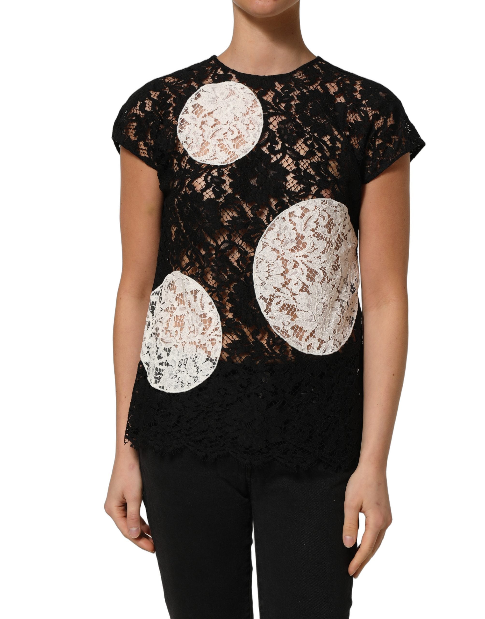 Dolce & Gabbana Black White Floral Lace Short Sleeve Blouse Top Dolce & Gabbana