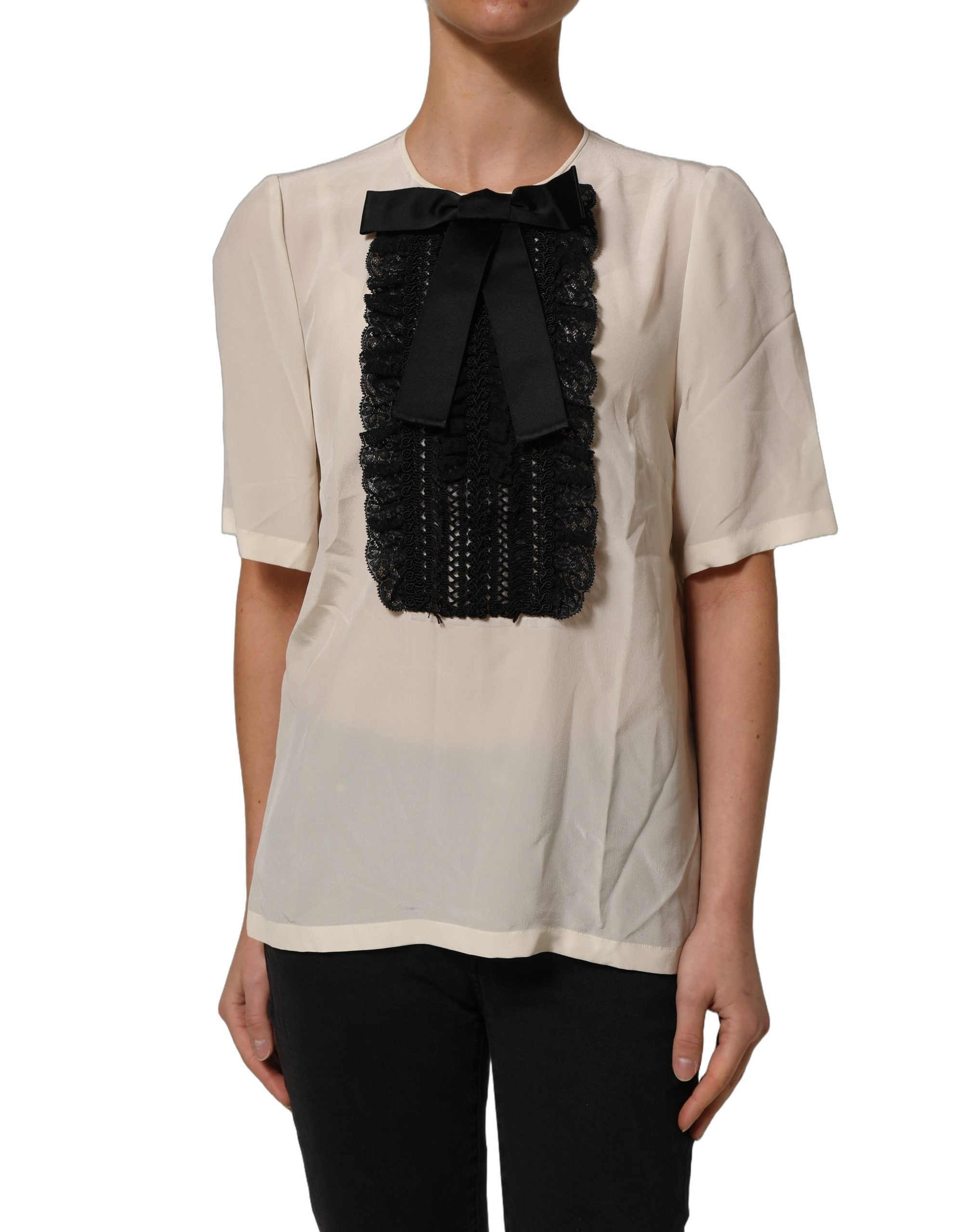 Dolce & Gabbana Beige Lace Trim Bow Short Sleeves Blouse Top Dolce & Gabbana
