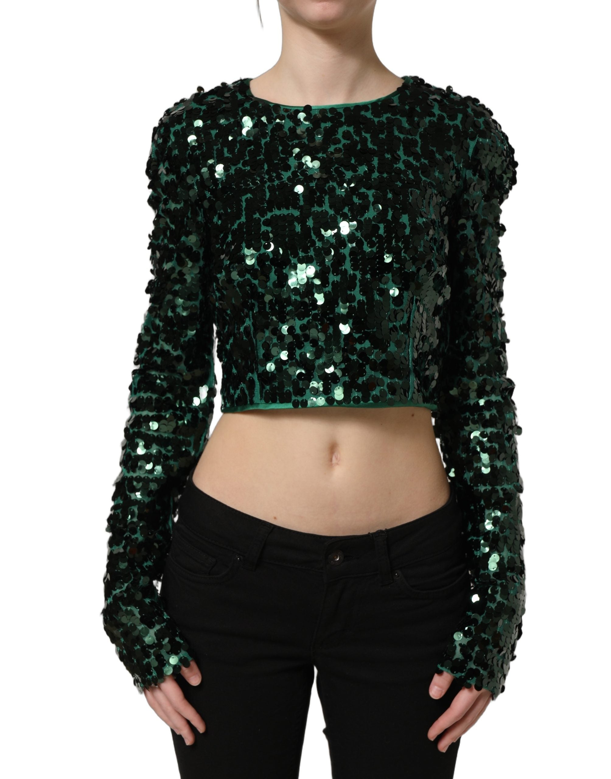 Dolce & Gabbana Green Sequined Long Sleeves Crop Blouse Top Dolce & Gabbana