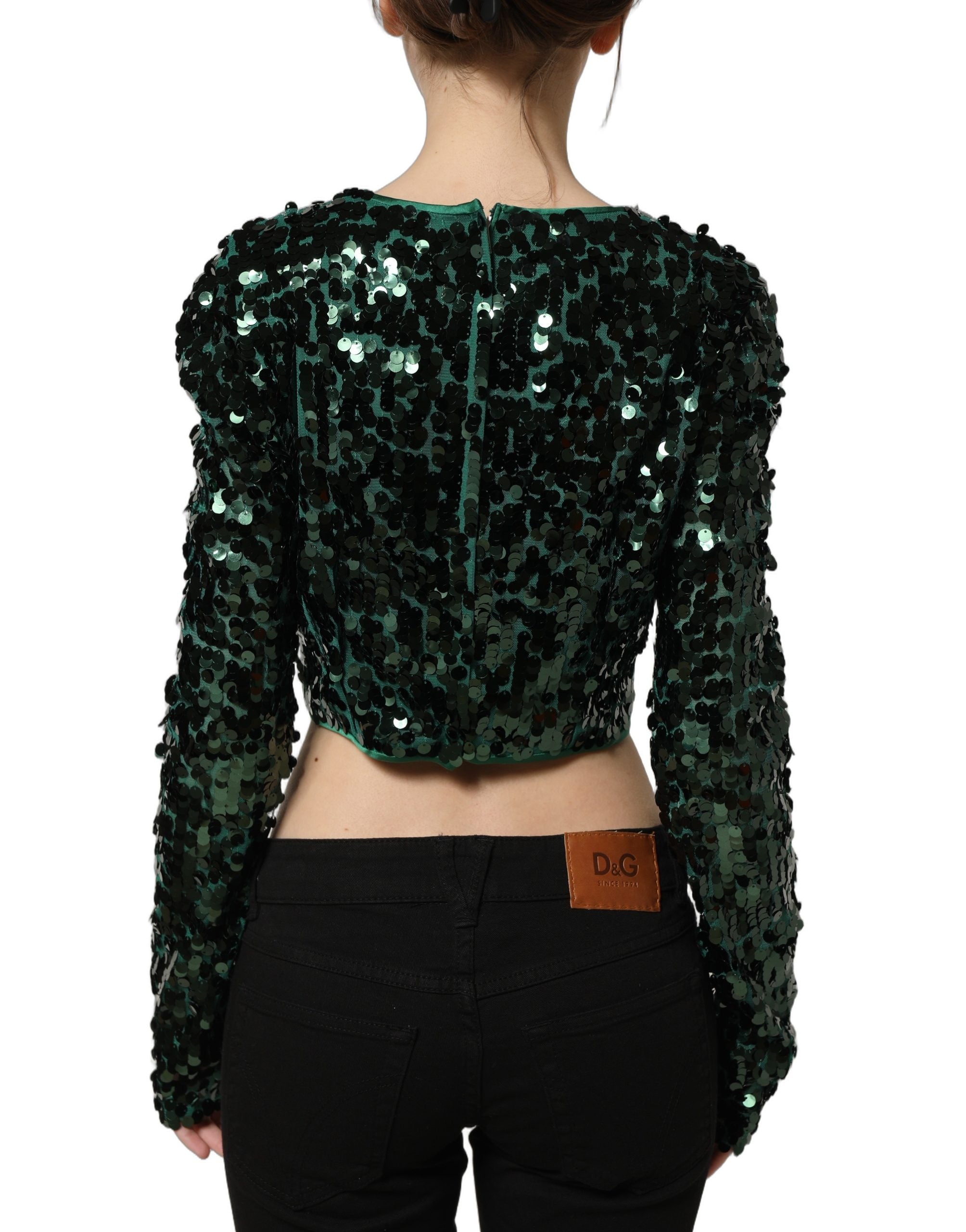 Dolce & Gabbana Green Sequined Long Sleeves Crop Blouse Top Dolce & Gabbana