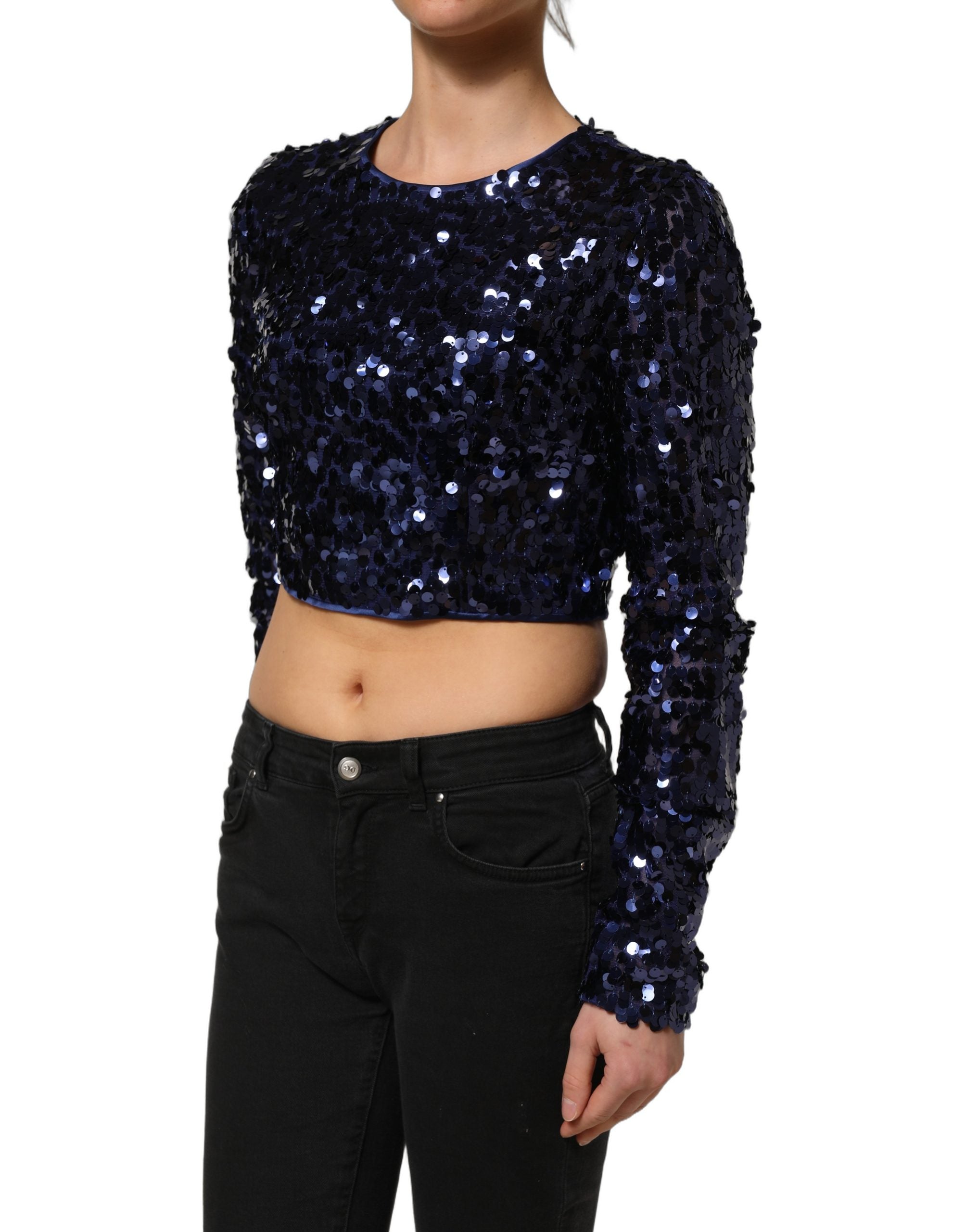 Dolce & Gabbana Blue Sequined Long Sleeves Crop Blouse Top Dolce & Gabbana