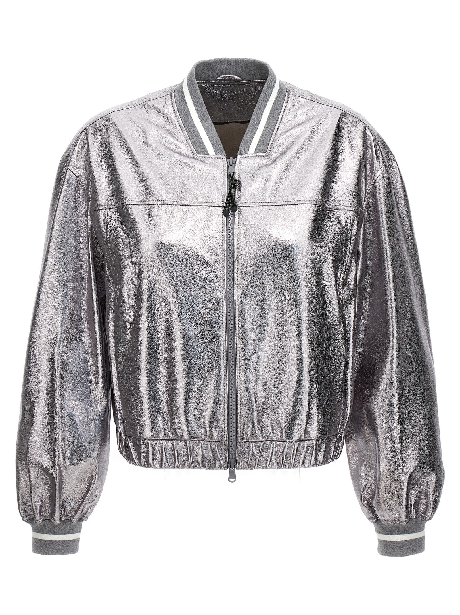 Brunello Cucinelli Silver Leather Bomber Brunello Cucinelli