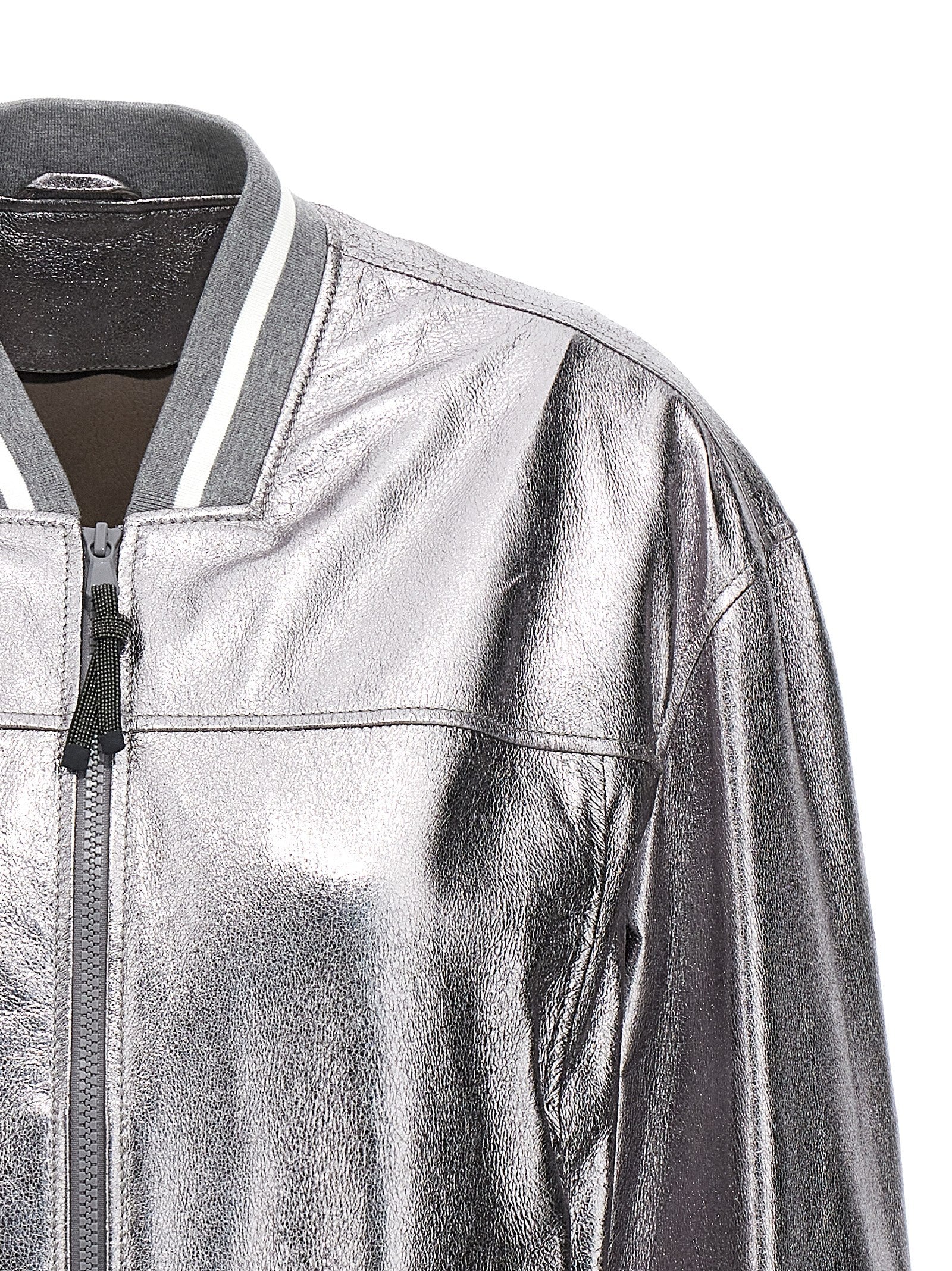 Brunello Cucinelli Silver Leather Bomber Brunello Cucinelli