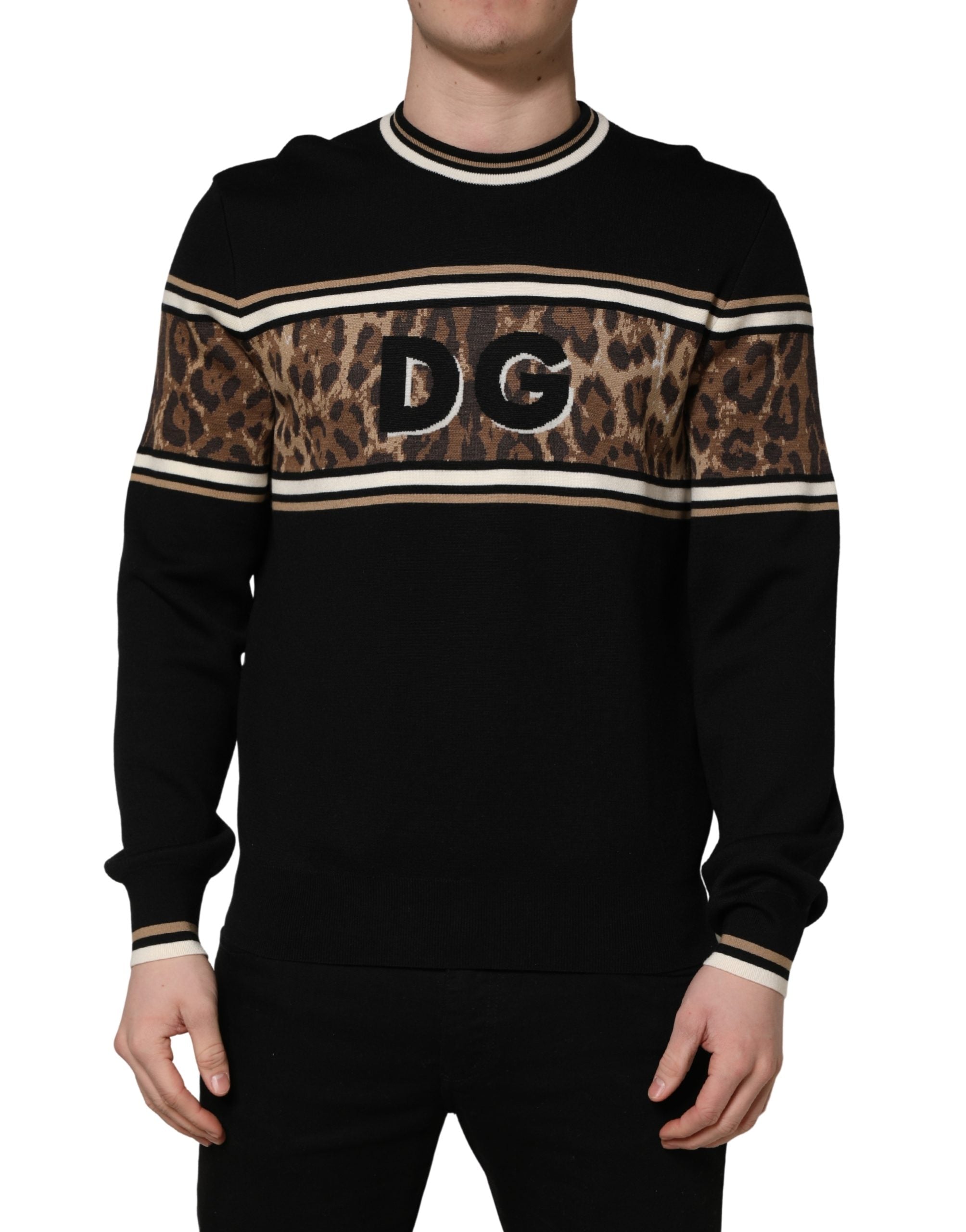 Dolce & Gabbana Black Leopard Wool Crew Neck Men Pullover Sweater Dolce & Gabbana
