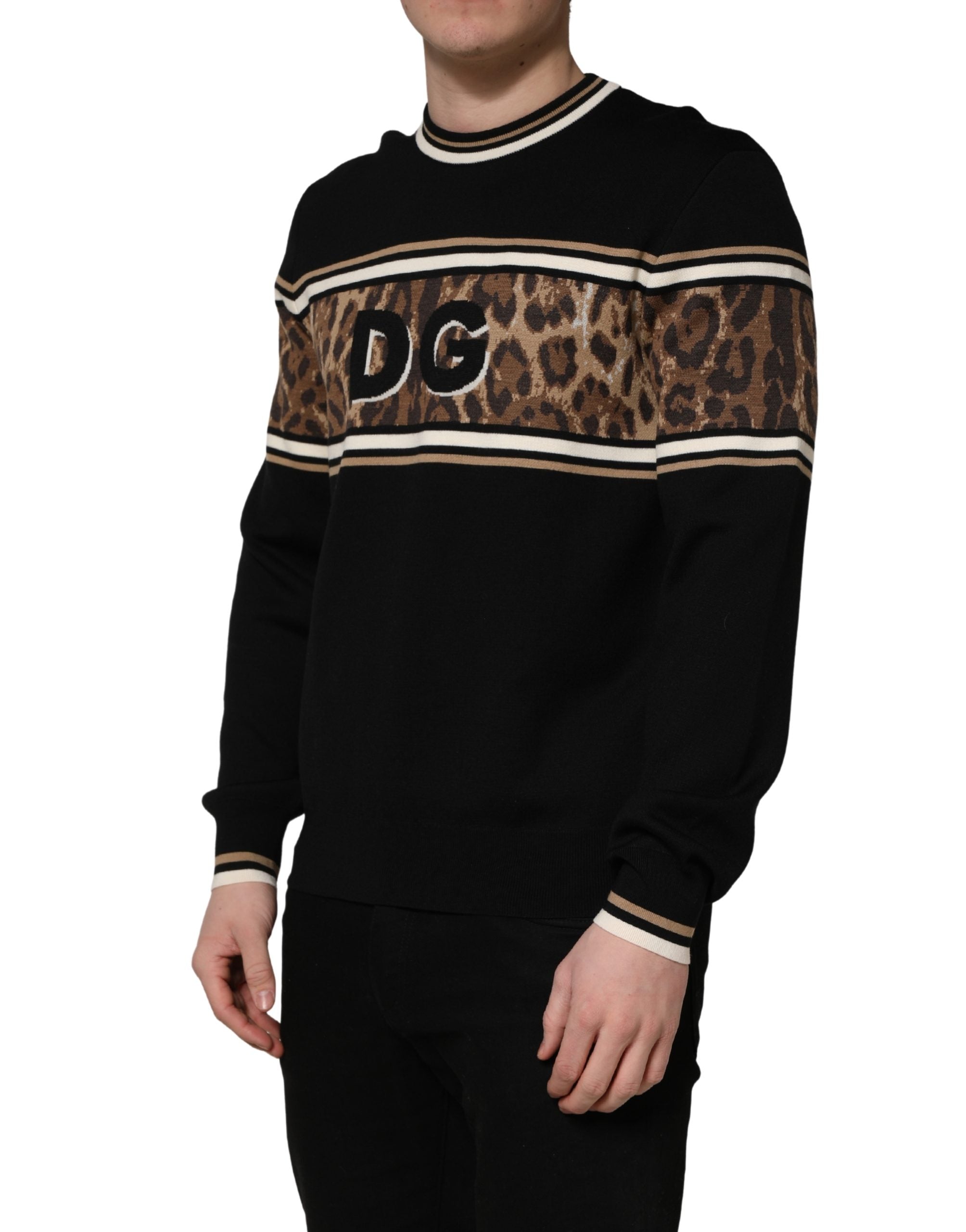 Dolce & Gabbana Black Leopard Wool Crew Neck Men Pullover Sweater Dolce & Gabbana
