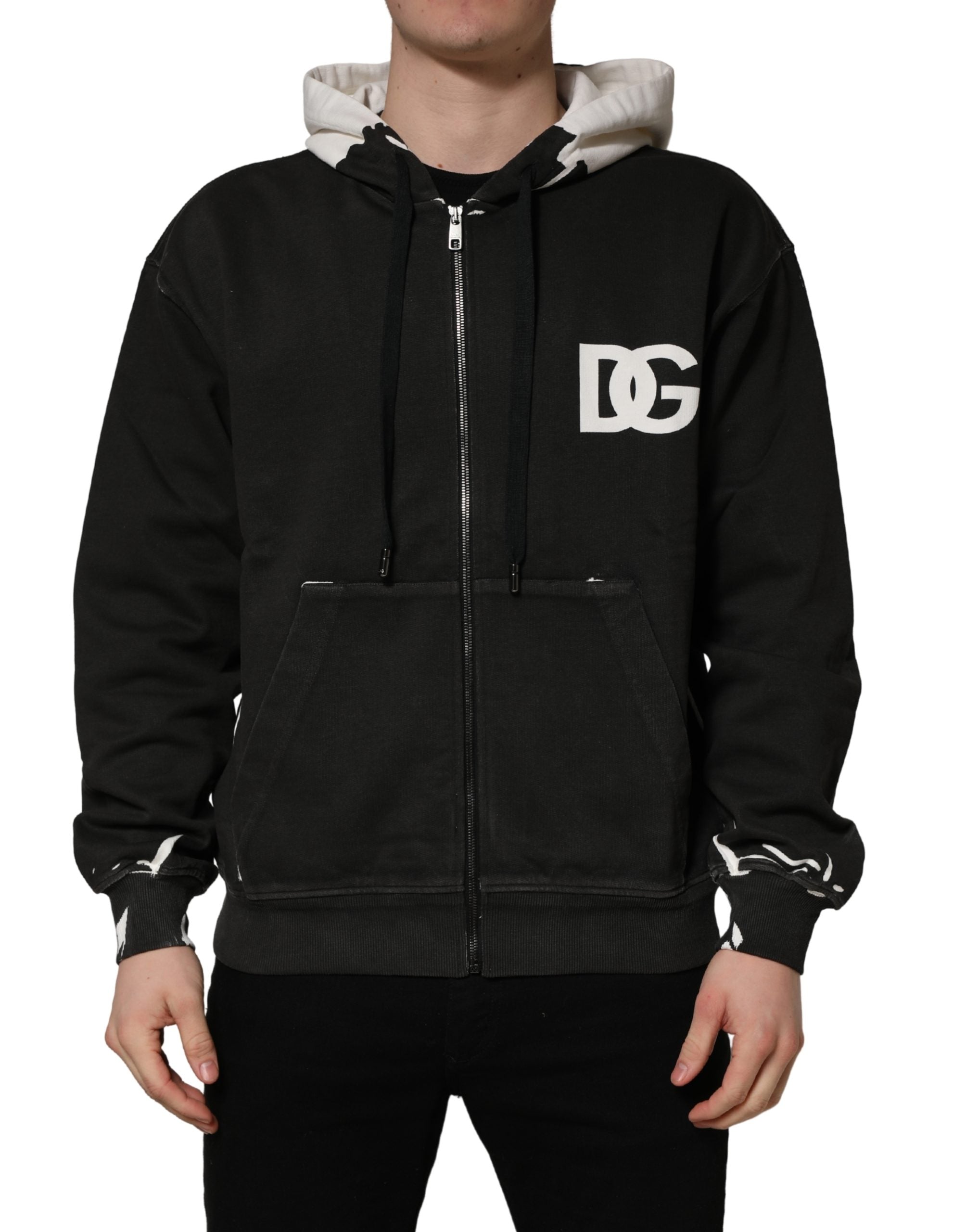 Dolce & Gabbana Black Cotton Logo Hooded Full Zip Sweater Dolce & Gabbana