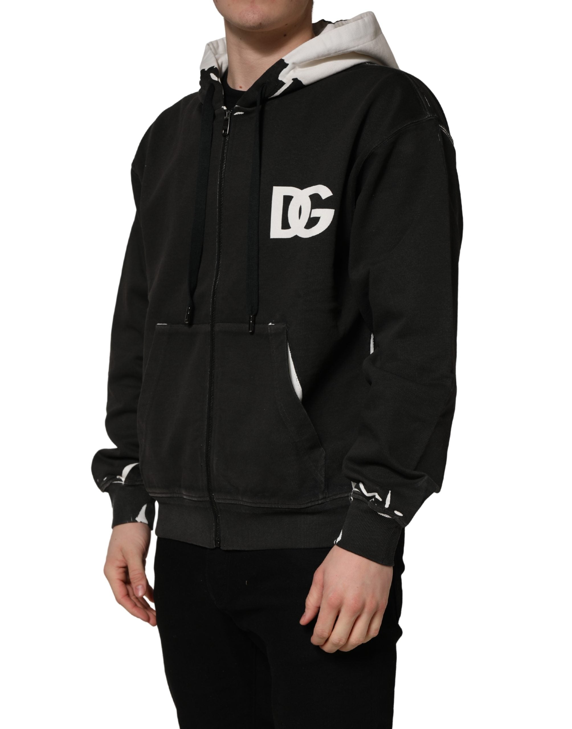 Dolce & Gabbana Black Cotton Logo Hooded Full Zip Sweater Dolce & Gabbana
