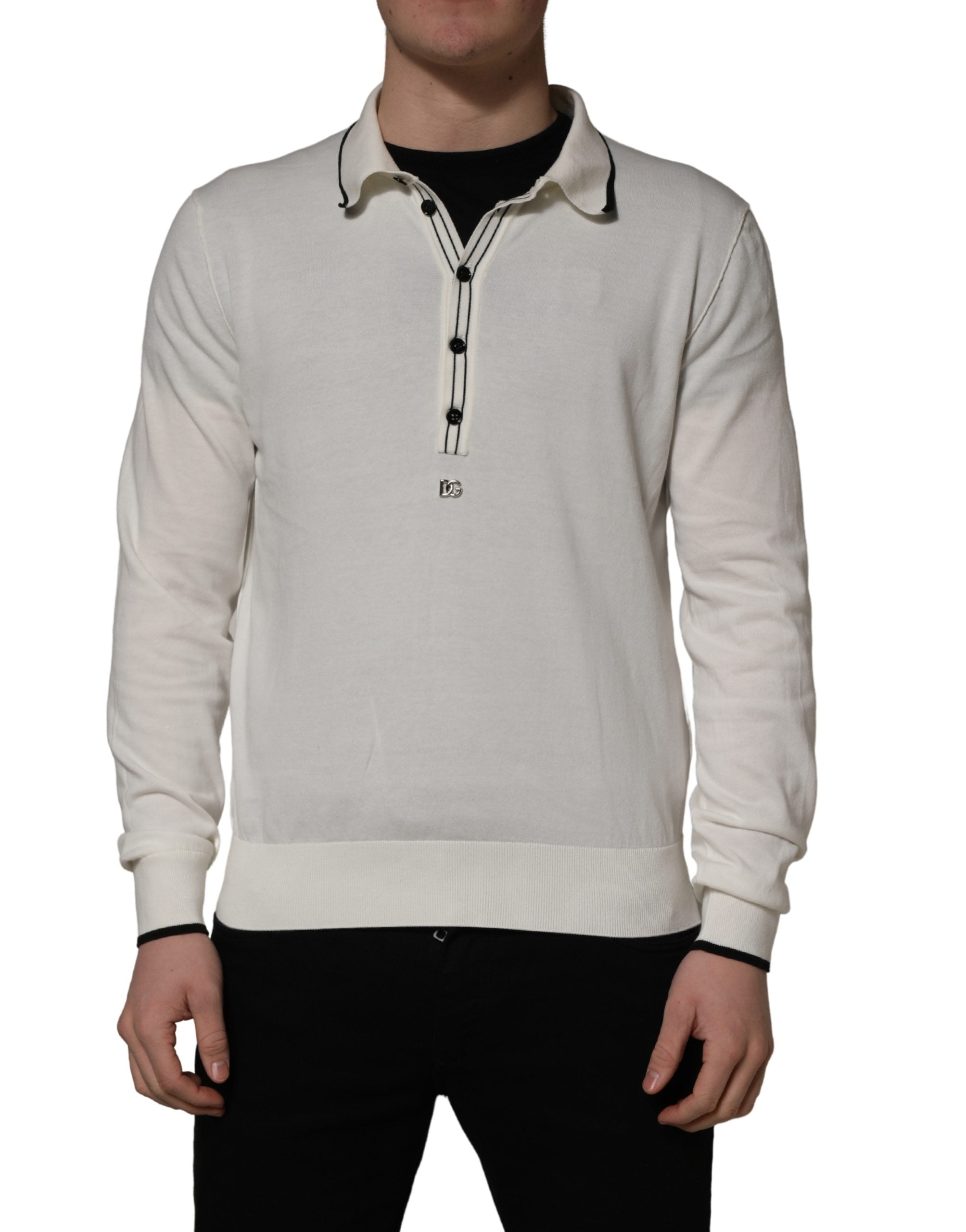 Dolce & Gabbana White Cotton Blend Men Polo Pullover Sweater Dolce & Gabbana