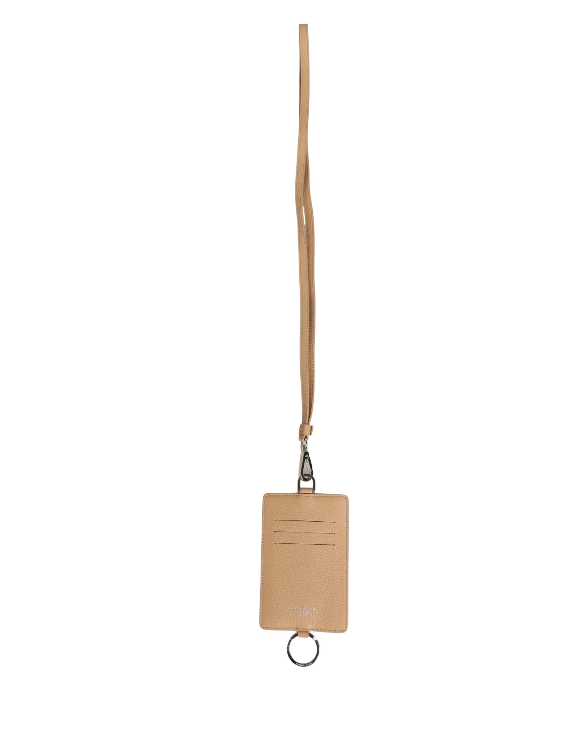 Dolce & Gabbana Beige Leather Logo Embossed Lanyard Card Holder Wallet Dolce & Gabbana