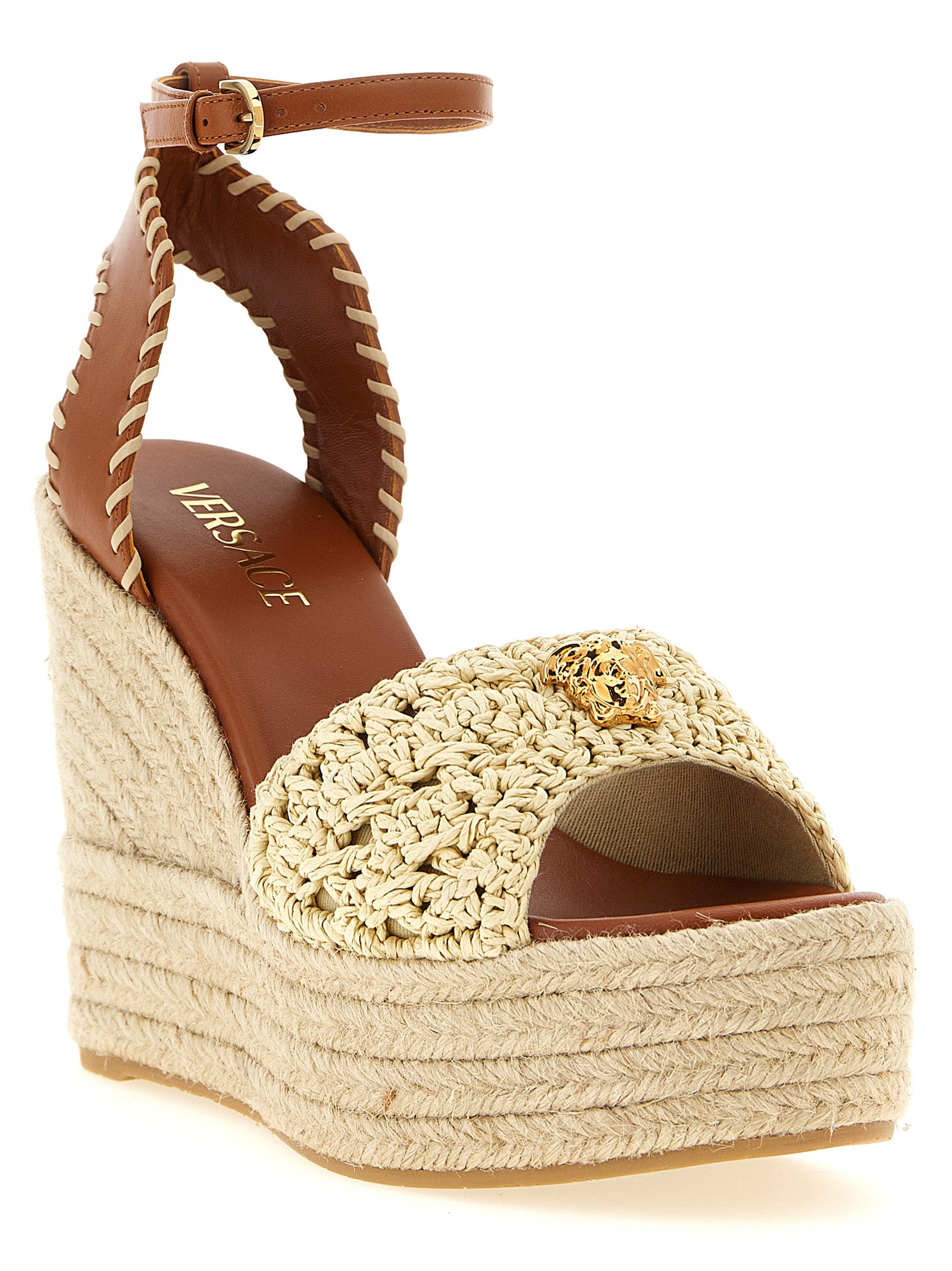 Versace Beige Lamb Leather Wedge Sandals Versace