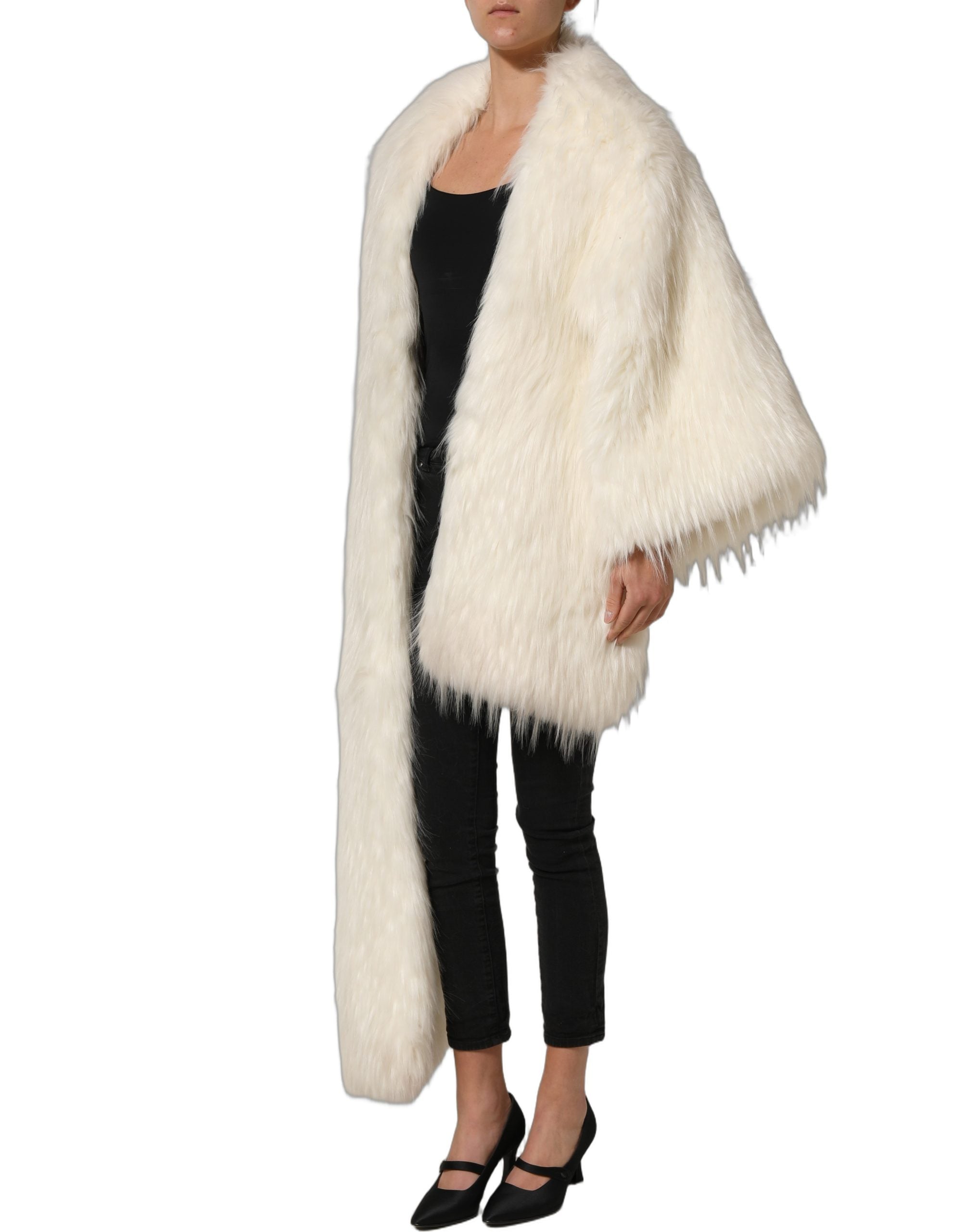 Dolce & Gabbana White Faux Fur Long Sleeves Coat Jacket Dolce & Gabbana